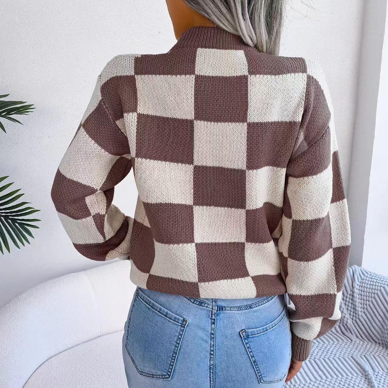 Women's Color Block Checkered Crew Neck Long Sleeve Y2K Plaid Knitted Pullover Sweater Tops Vintage Preppy Style Knitwear - Image 4