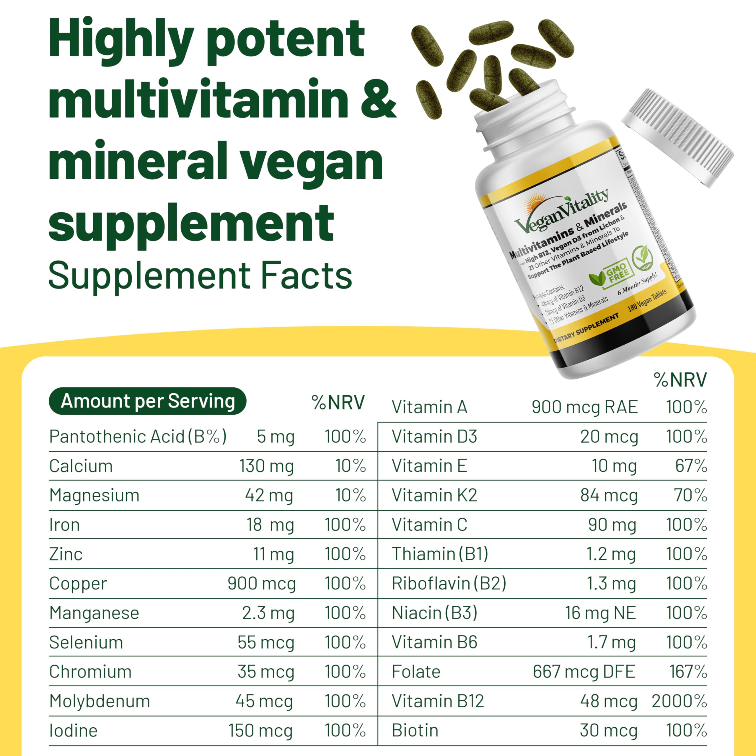 Vegan Vitality Multivitamins & Minerals for Women and Men with High Strength Vitamin B12, D3 & K2. 180 Vegan Multivitamin Tablets - 6 Months Supply. Vitamins for Vegans. Women Multivitamin — Amazon image 6