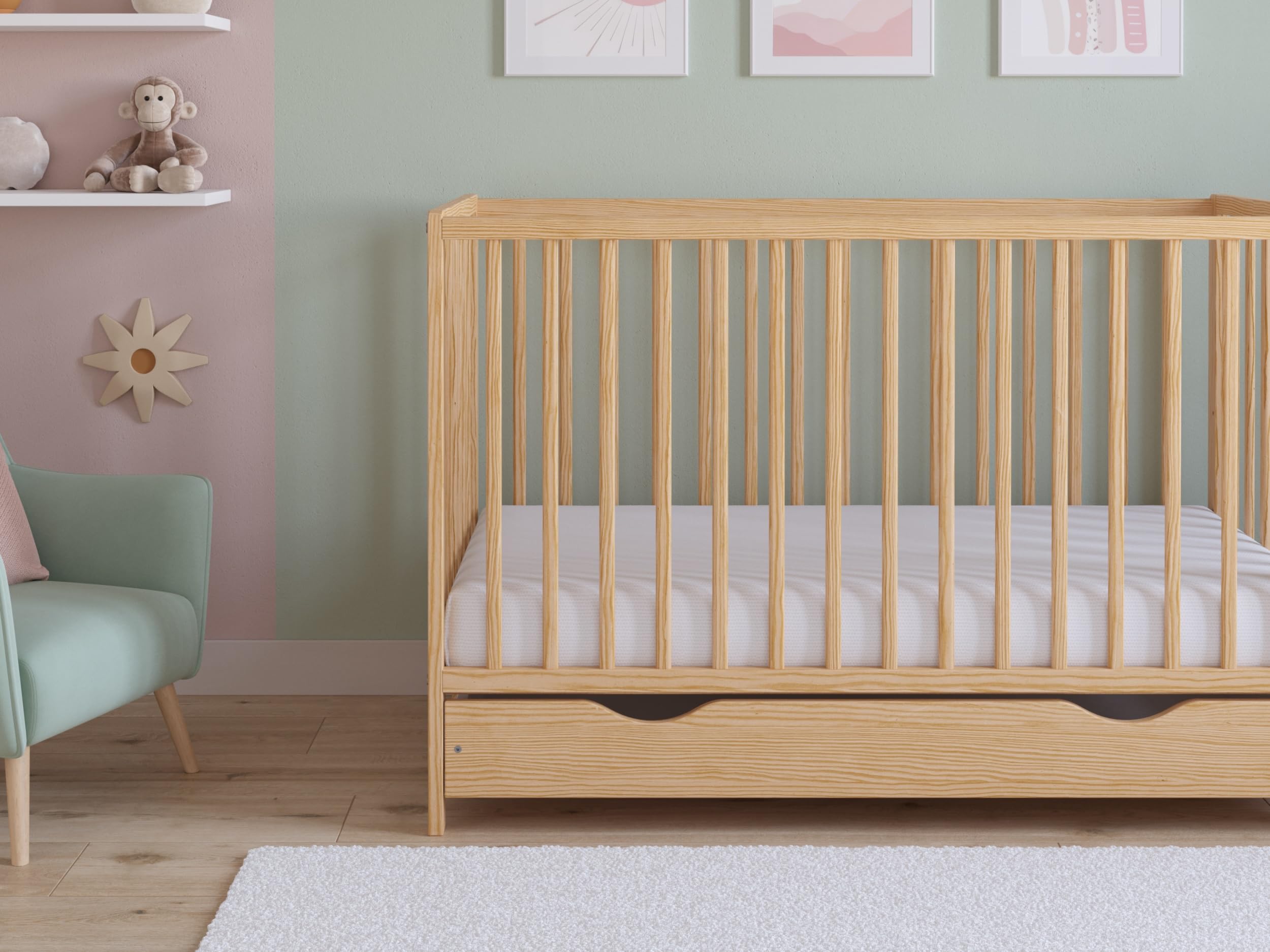 Love For Sleep ASHER Lettino per Neonati 120x60 cm con Materasso in Schiuma di Microfibra Trapuntata – Lettino in Legno Convertibile in Letto per Bambini con Ampio Pino Naturale