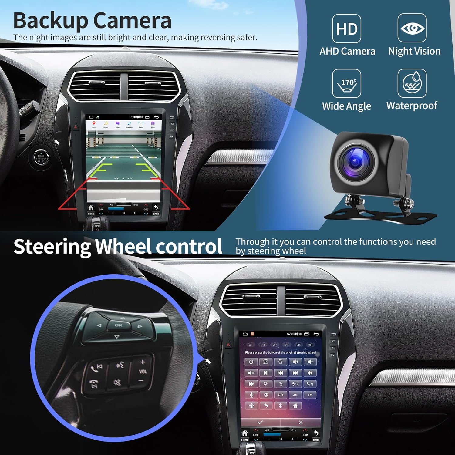 Backup camera view and steering wheel controls