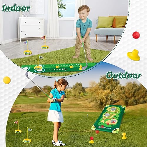 Miniatura 4 de Liberry Juego de palos de golf para niños y niñas de 3, 4, 5, 6 años, juego de golf ajustable con tapete de putt, tabla de cornhole, juguete