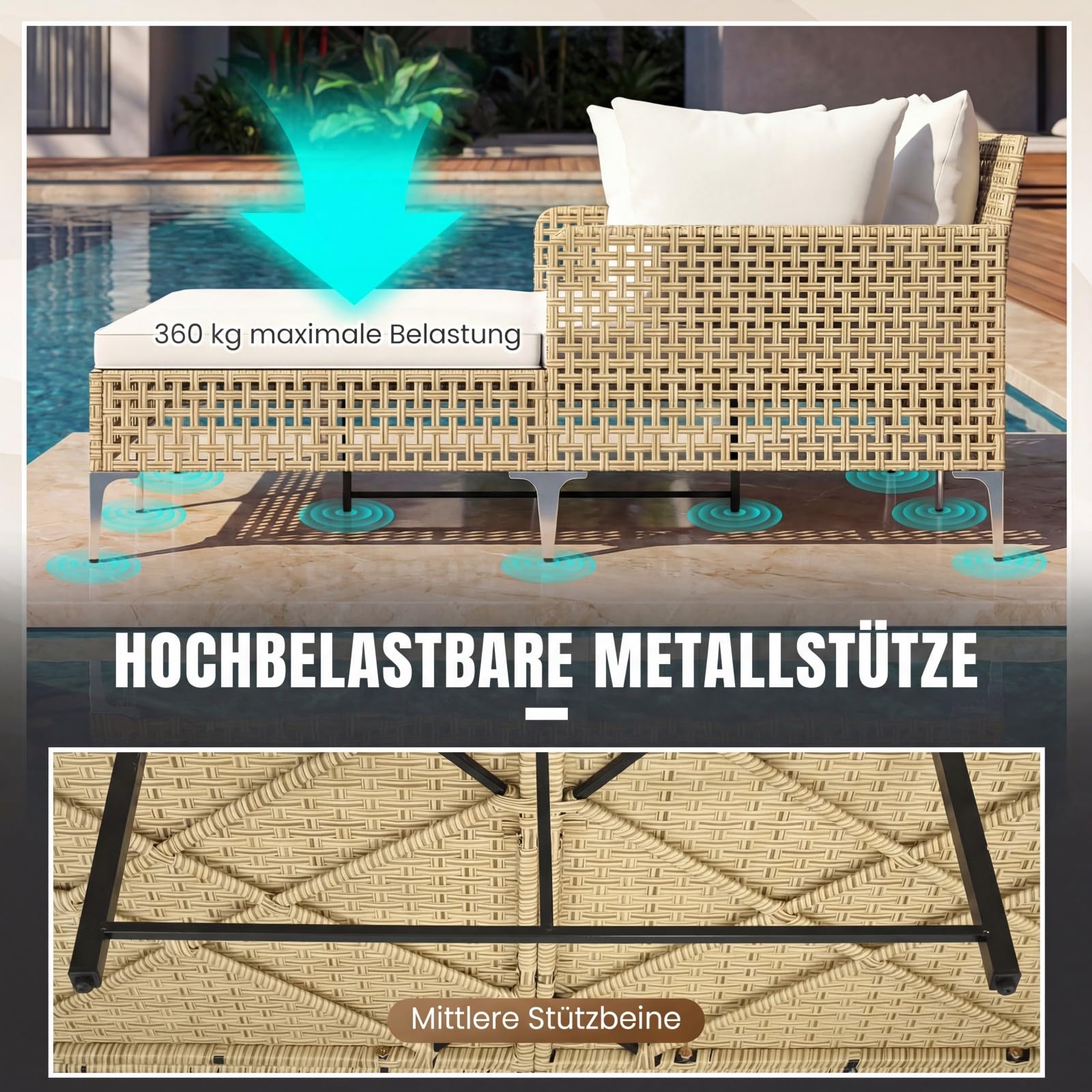 COSTWAY Sonnenliege 2 Personen, Rattan Doppelliege mit Sitz- & Rückenkissen, Gartenliege wetterfest, Liegestuhl, Sonnenbett, Outdoor Liege für Garten, Terrasse, Balkon