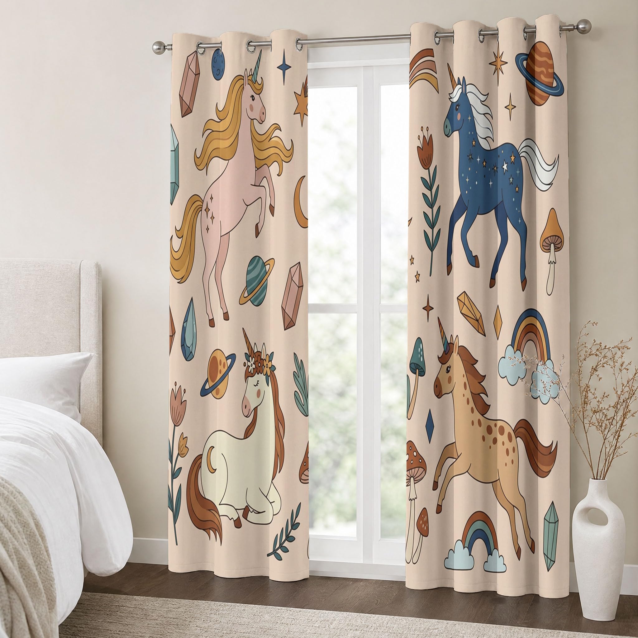 Style Dessin Animé Rideau Occultant - Licorne Rideau Thermique, Beige Marron Rideaux Chambre Salon Fenetre, Rideaux Draperies Intérieurs À Oeillets, L70×H160Cm (2 Panneaux)