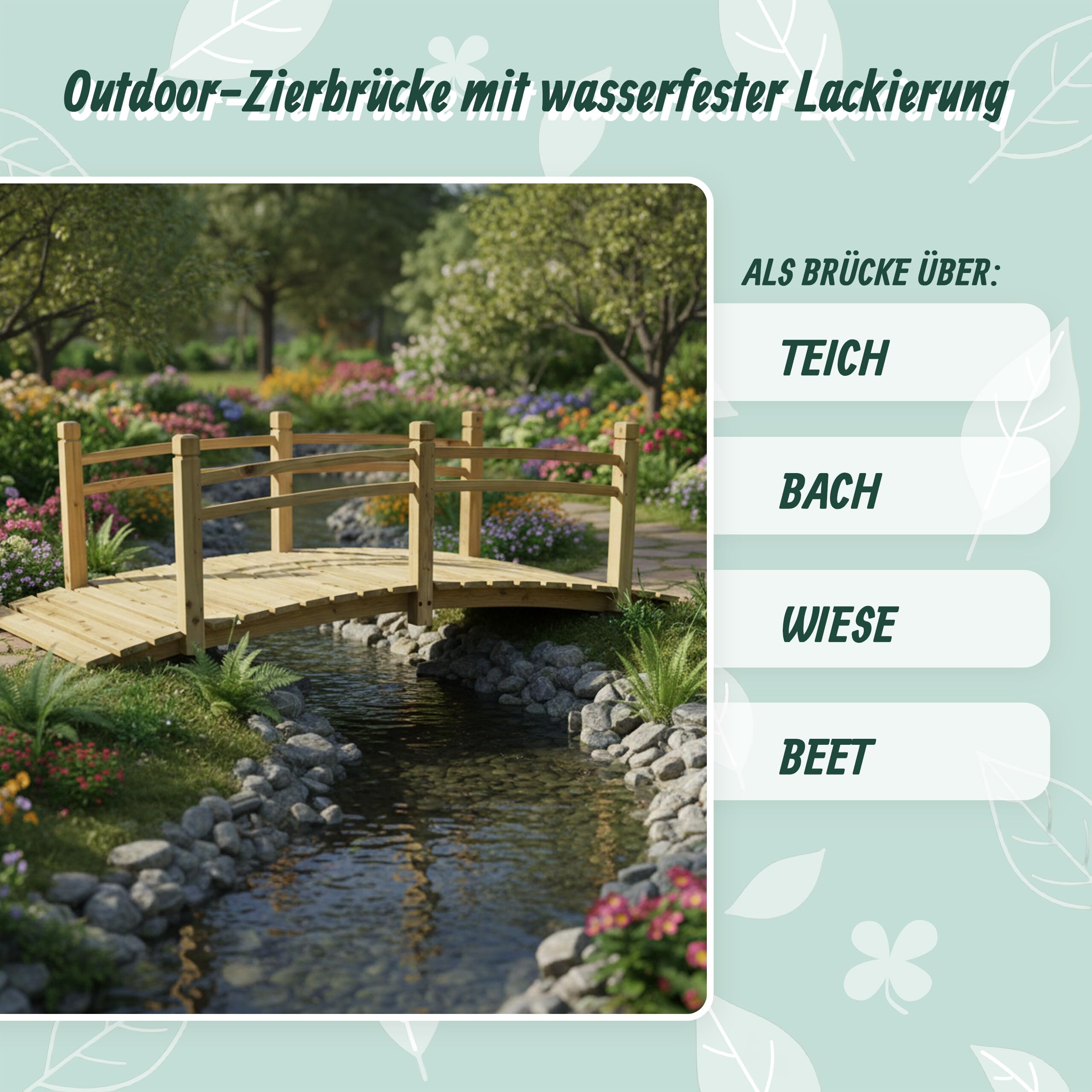 Relaxdays Garten Brücke, mit Geländer, Tannenholz, Gartenteich, HxBxT: 58 x 185 x 72 cm, 200 kg, Holzbrücke, Natur