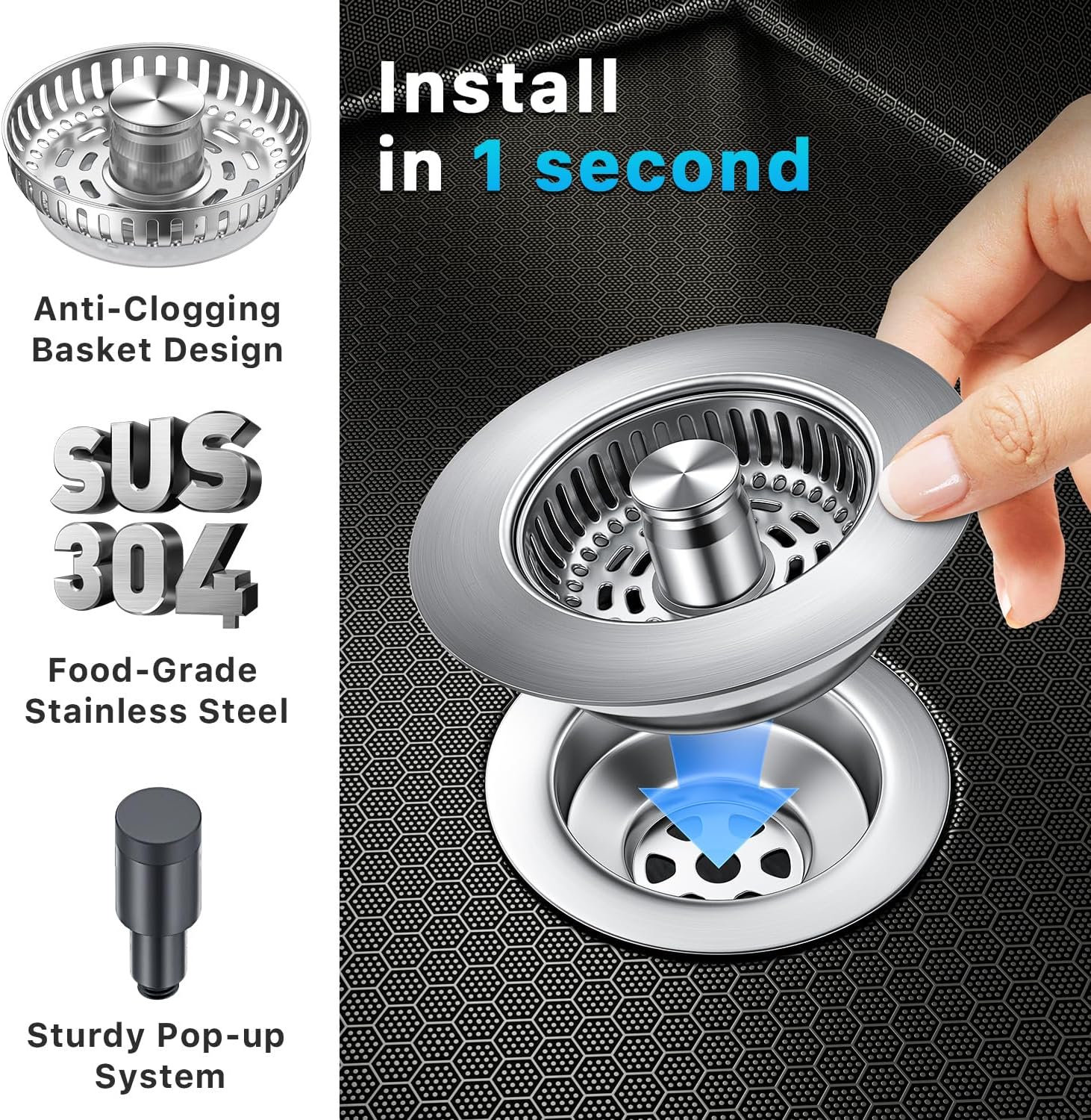 1S-Install Upgraded Kitchen Sink Strainer & Stopper – Pop-Up Fast Drain, Anti-Clog Basket & Deodorizing Cover – Fits US Standard 3.5 in Drain, 3 in 1 Stainless Steel Sink Drain Strainer