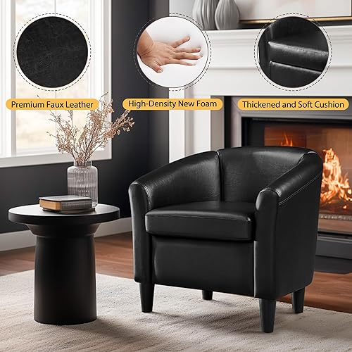 Miniatura 5 de Topeakmart Silla de club de piel sintética, moderna silla decorativa y acogedor sillón de barril con patas resistentes para sala de estar, Negro