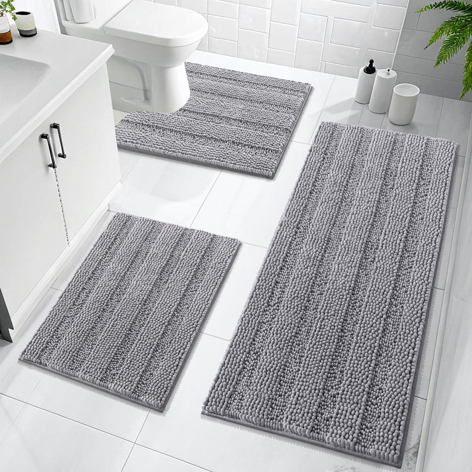 OLANLY Thick Bathroom Rugs Sets 3 Piece, Absorbent Chenille Striped Bath Mats and U-Shaped Contour Toilet Rug, Home Decor Accessories, Bath Mat Set for Bathroom (47"x20"+24"x16"+24"x20", Grey)