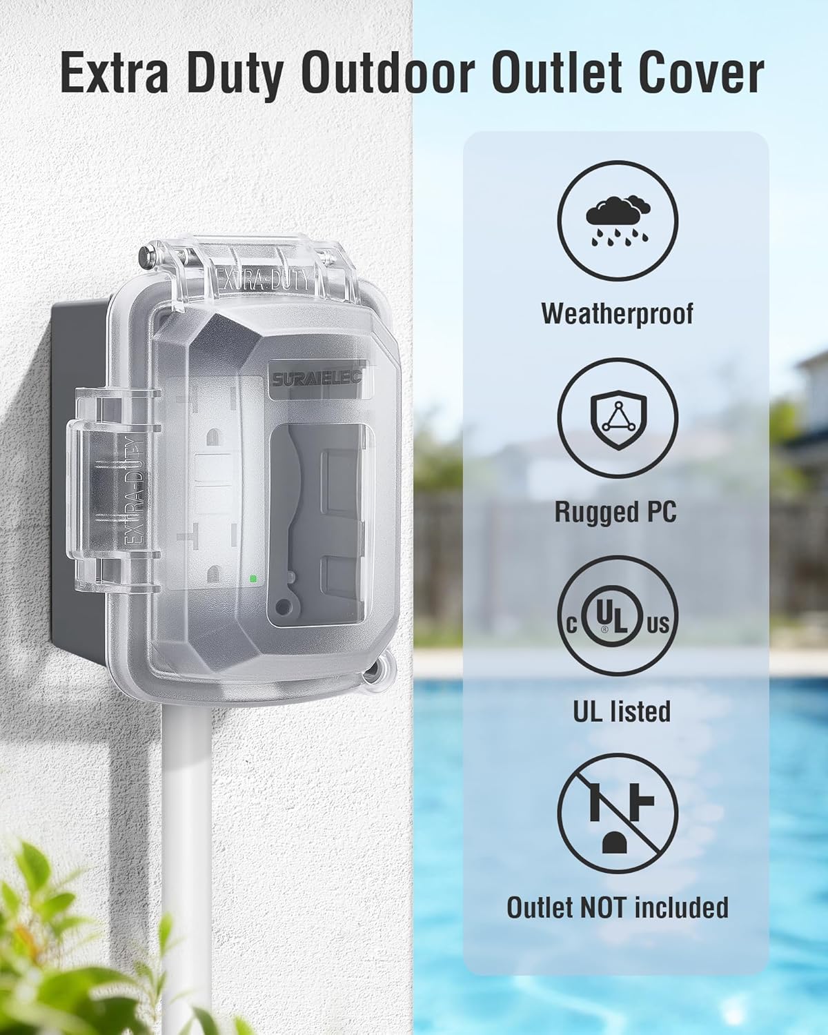 SURAIELEC 1-Gang Outdoor In-Use Outlet Cover, UL Listed, Extra-Duty Weatherproof PC Receptacle Cover, NEMA 3R, Horizontal/Vertical Mount, Compatible with GFCI, Duplex Outlets & Switches, Gray, 1-Pack