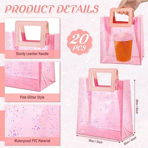 Miniatura 2 de 20 bolsas de regalo transparentes con asas para boda, bolsa de mano transparente con purpurina de 7 x 4 x 8 pulgadas, bolsa de regalo de PVC