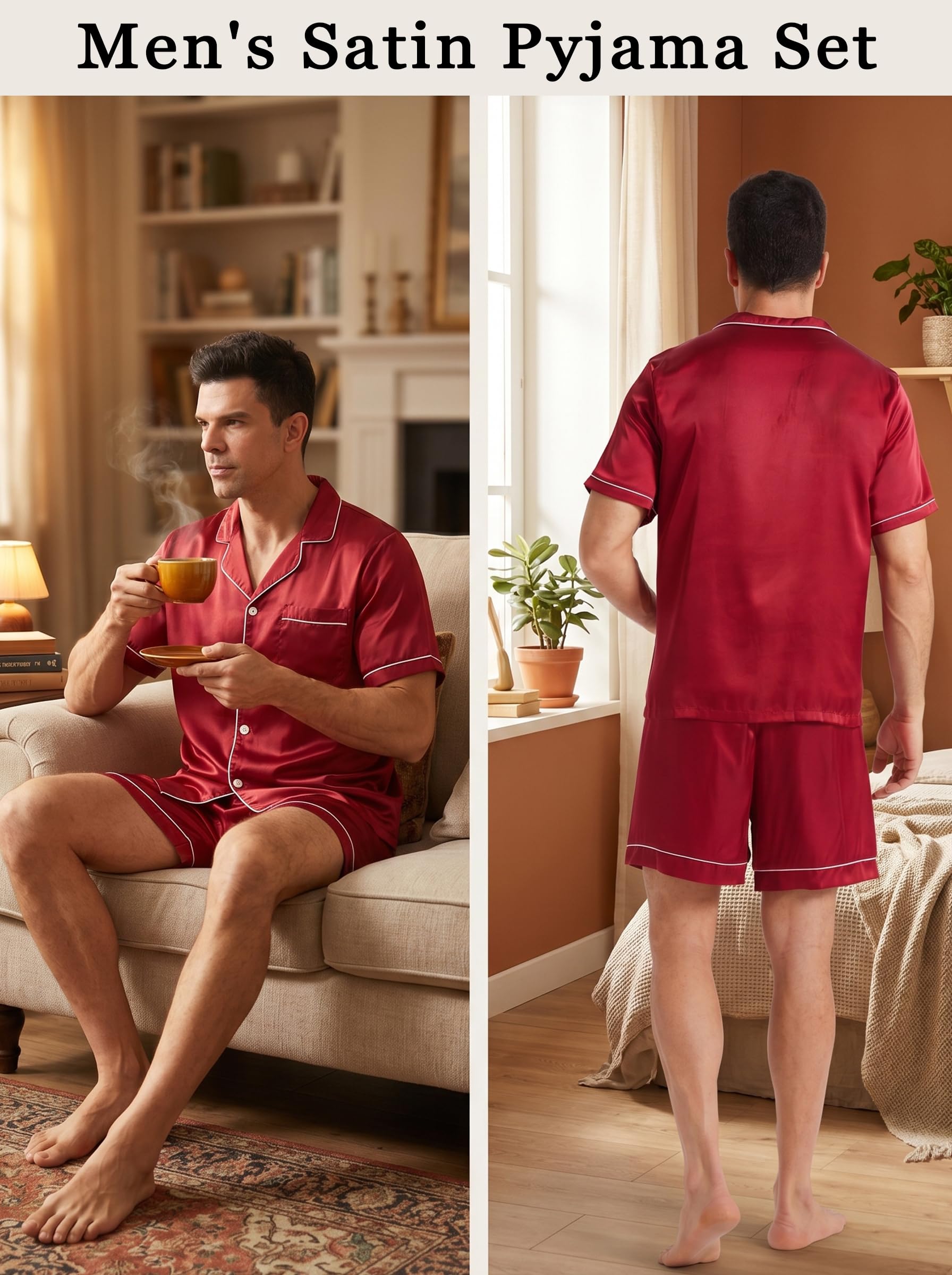 Yushow - Pijama para hombre de raso corto conjunto de pijamas de manga corta con botones de verano ligero 2 piezas ropa de dormir de seda para dormir