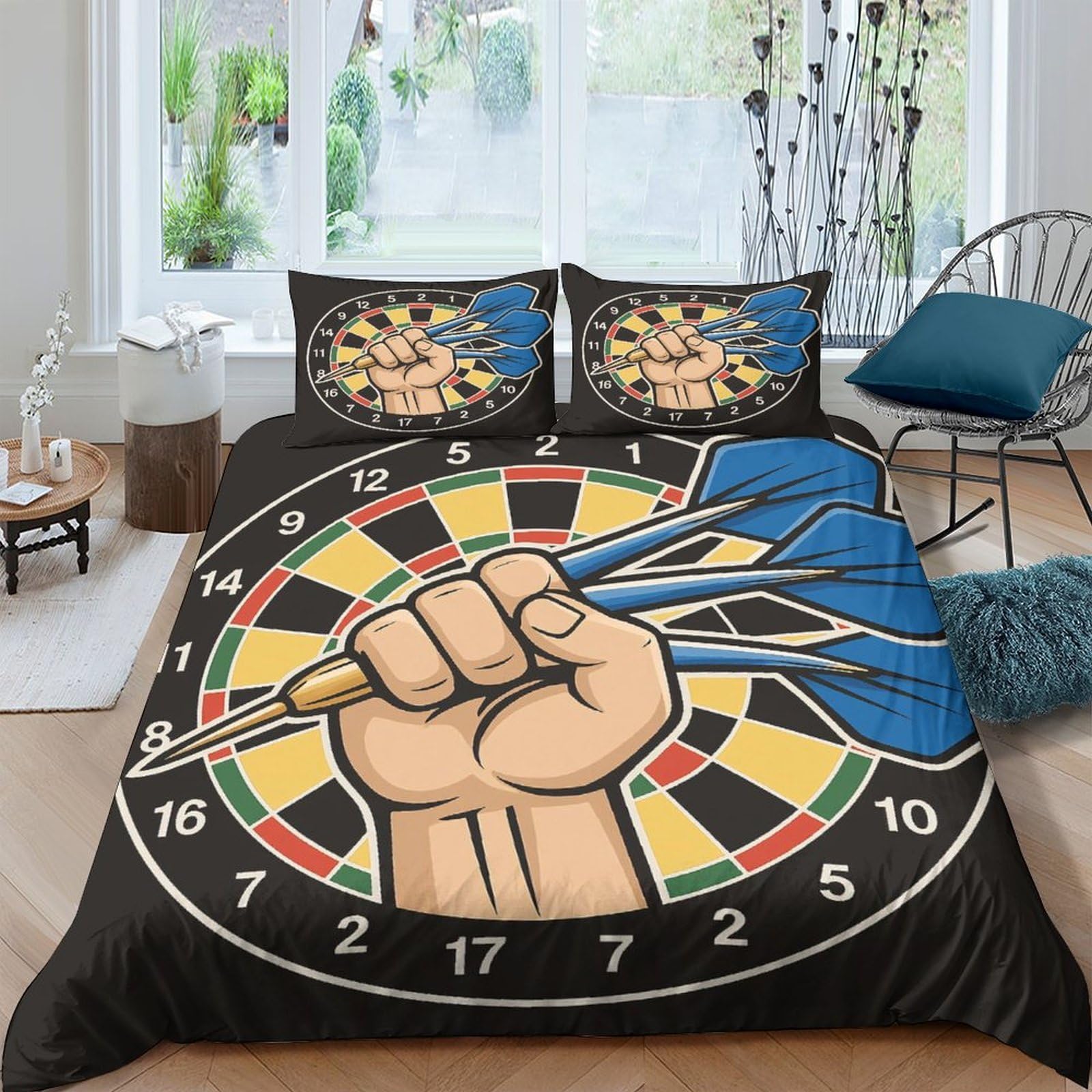 Ctjqhvkz Style-1 3D Printed Dartboard Fitted Sheet Microfiber Black Blue Hand Darts Bed Cover For Bedroom Guest Room Decor Easy Care Single（135X200cm）