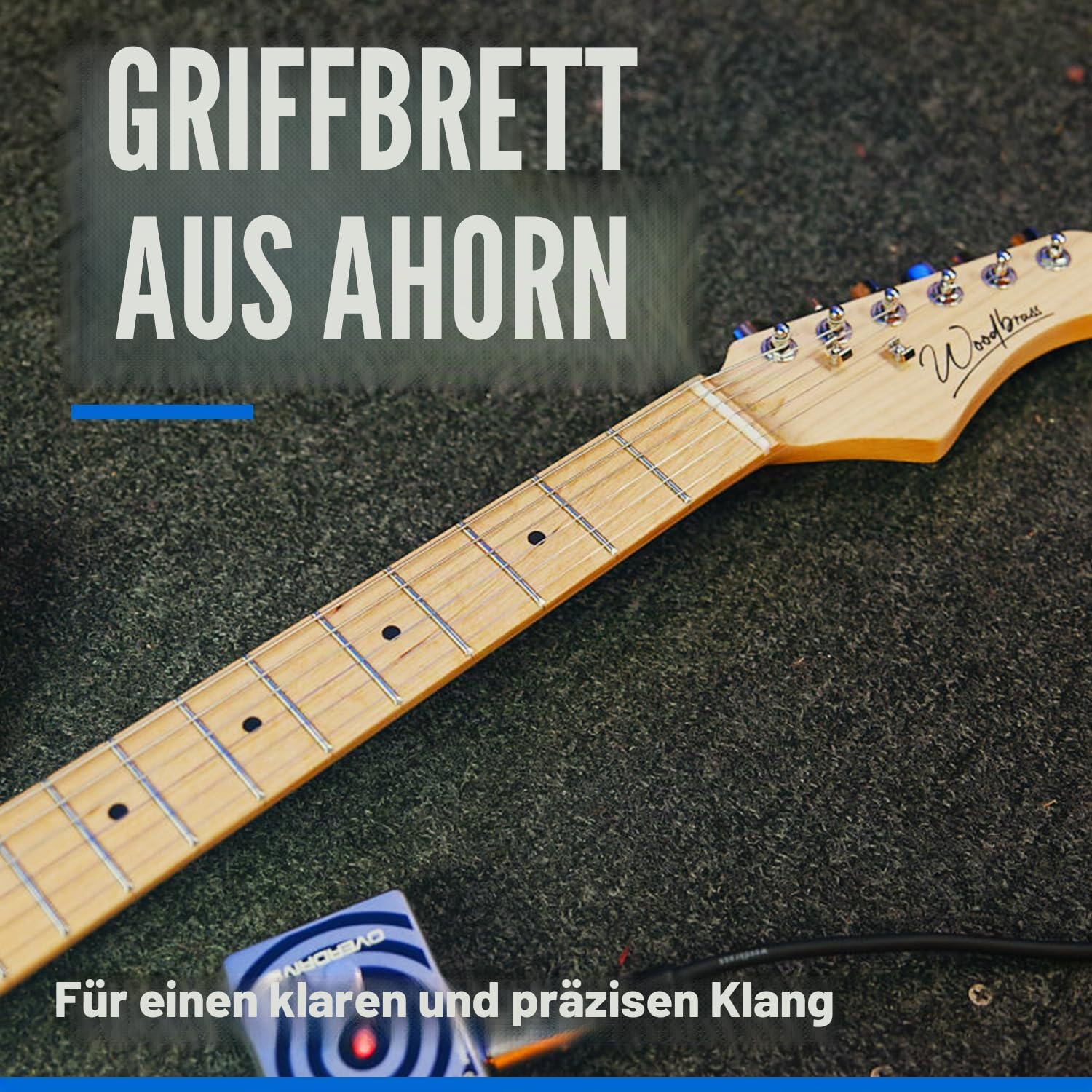Woodbrass ST100 E-Gitarre, Schwarz, vielseitige Gitarre, ideal für Anfänger, Korpus ST-Form, amerikanische Linde, Ahorngriffbrett, Rock-Stil, Pop, Funk, Country, Hardware, Metall