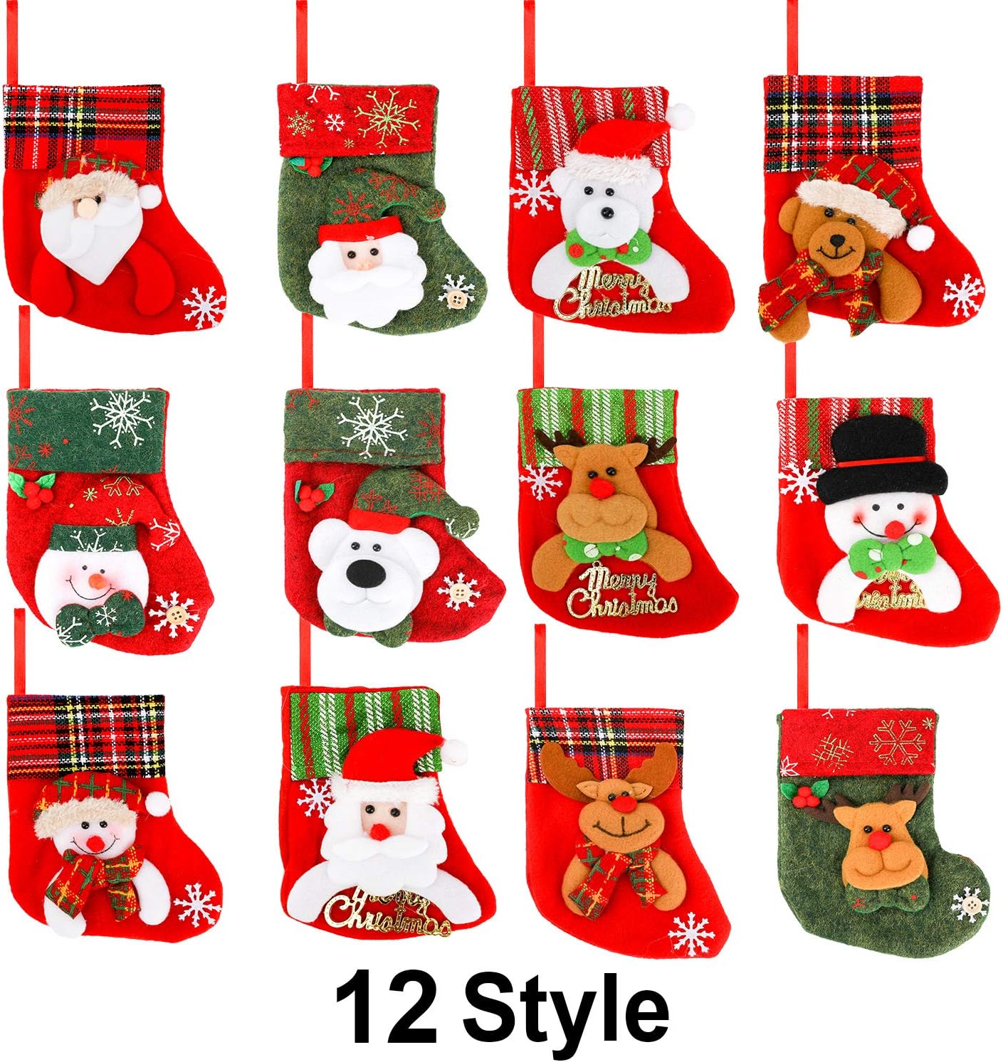 Qpout Mini Christmas Stockings, 12 Pcs Gift Treat Bags with Santa, Snowman, Reindeer - Image 4