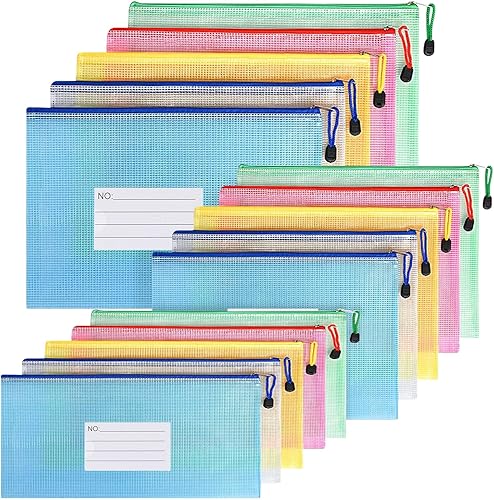 Colacoo 15 bolsas de malla con cremallera, A4+A5+A6, bolsas de plástico con cremallera para organizar con bolsillo para etiquetas, bolsa de