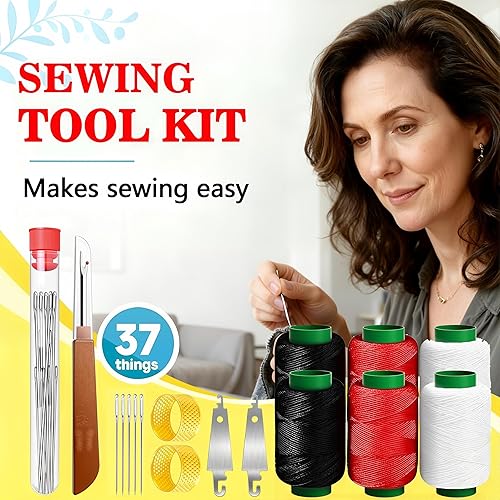 Miniatura 2 de Juego de 37 herramientas de costura, nuevo kit de agujas de coser de acero de ojo grande, agujas de acero inoxidable para coser a mano, juego de