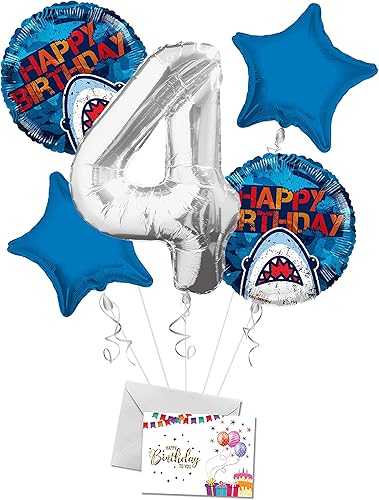 Ramo de globos de tiburón de feliz cumpleaños número 4 globos de fiesta Ramo de globos Tiburón Feliz Cumpleanos