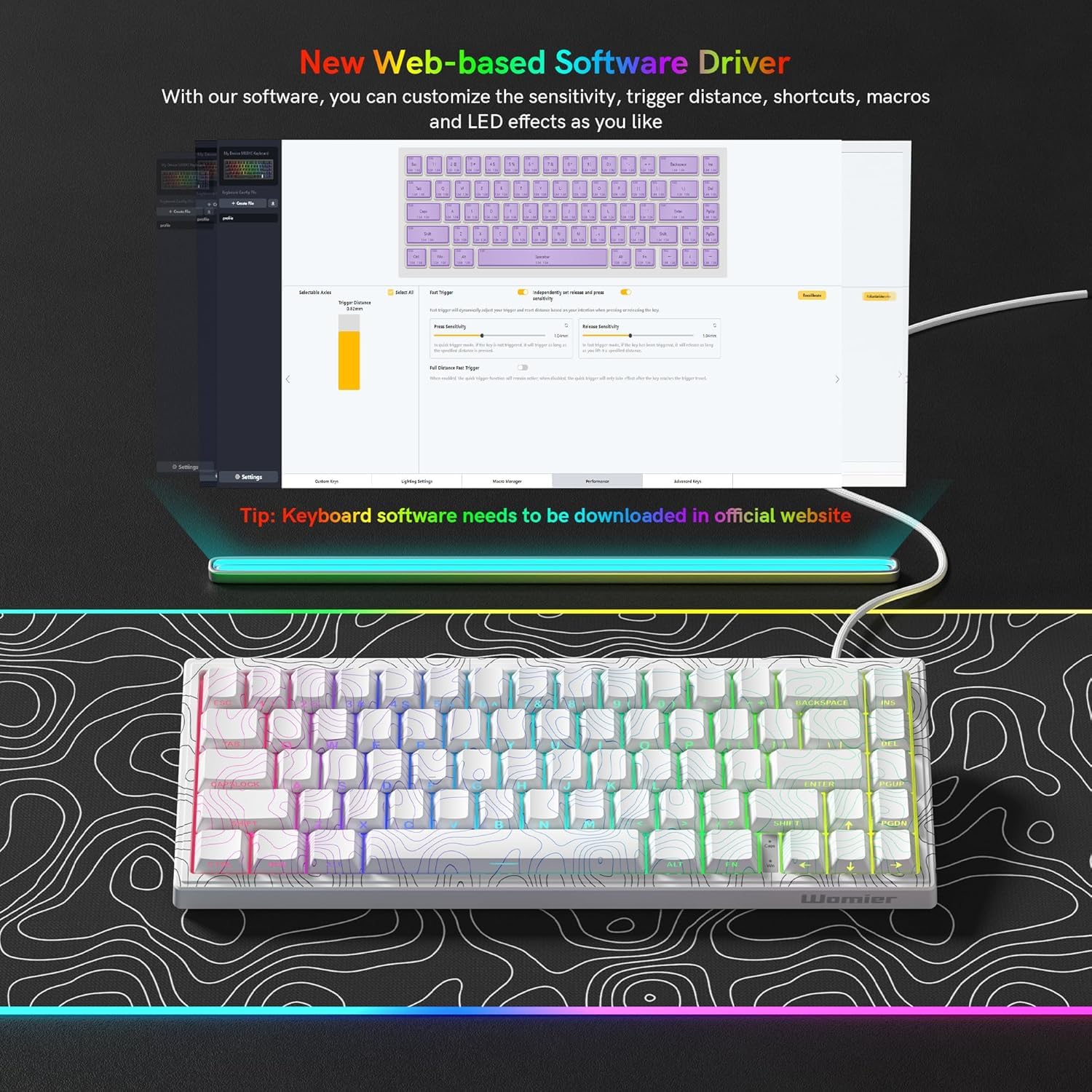 Tastiera M68 HE V2 60% Rapid Trigger, effetto hall, tastiera topografica da gioco, tastiera cablata RGB personalizzata con interruttore magnetico, tappi per tasti PBT per Mac/Win (bianco)