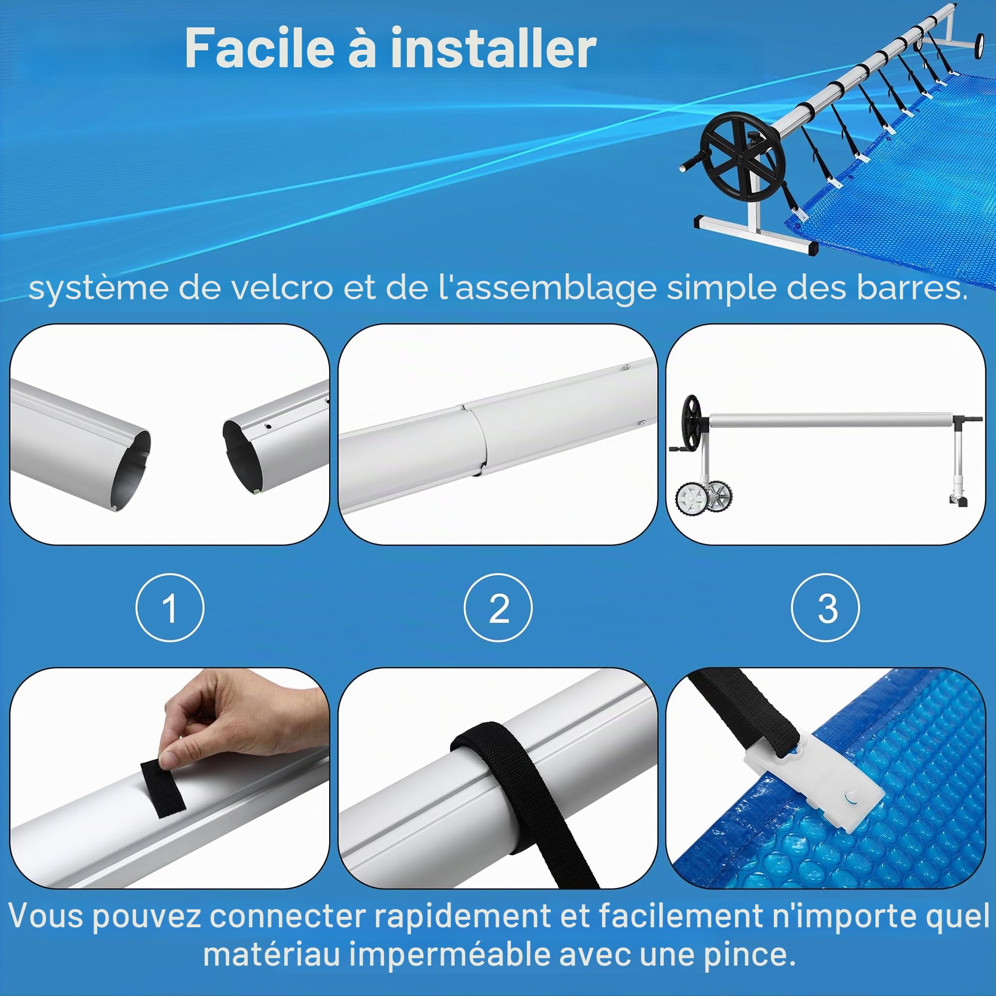 Froadp Enrouleur de piscine 300-570 cm Enrouleur de film de piscine en aluminium Systèmes d'enroulement Bâche de piscine Résistant aux intempéries Pour bâche solaire et bâches de piscine