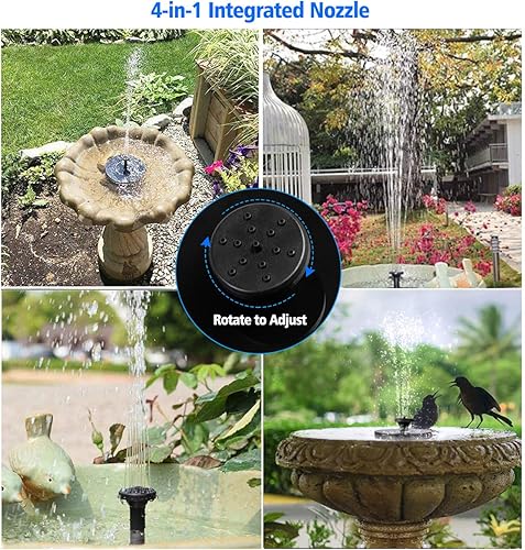 Miniatura 3 de Fuente solar mejorada con 4 boquillas, bomba de fuente solar de 1.4 W con 4 estilos de agua, fuente solar de baño de pájaros para baño de pájaros,