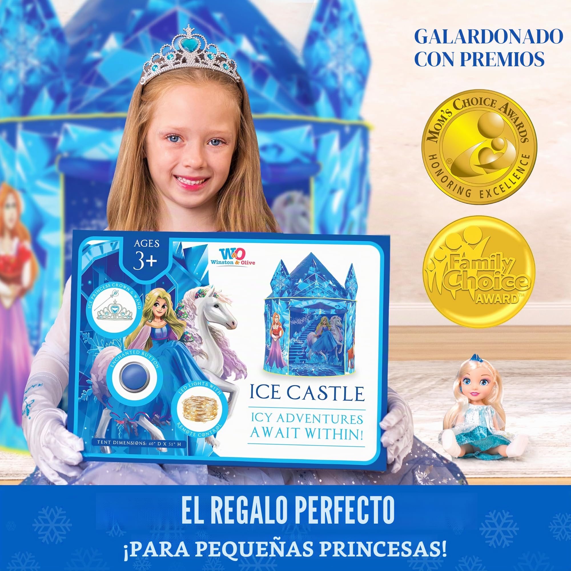W&O Tienda de princesa Frozen para niñas con botón de sonido mágico, luces LED, corona y varita, campaña con juguetes congelados