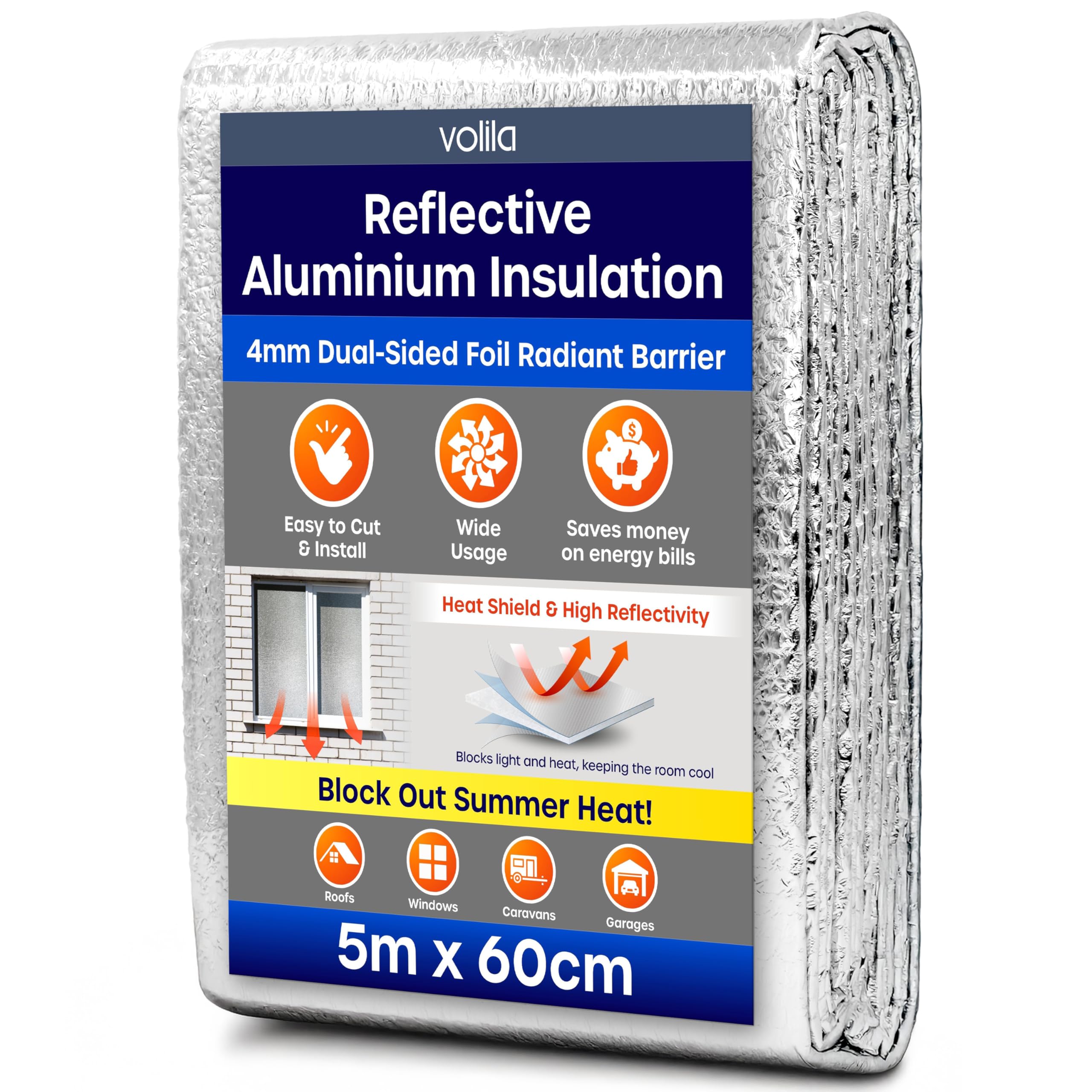 Foil Insulation Roll – 1 Pack (5m x 60cm) - Thermal Insulation Foil for Floor, Roof, Wall & Ceiling - Heat Retention Barrier for Attics, Lofts, Garages, Sheds, Greenhouses, Boats & Pet Homes