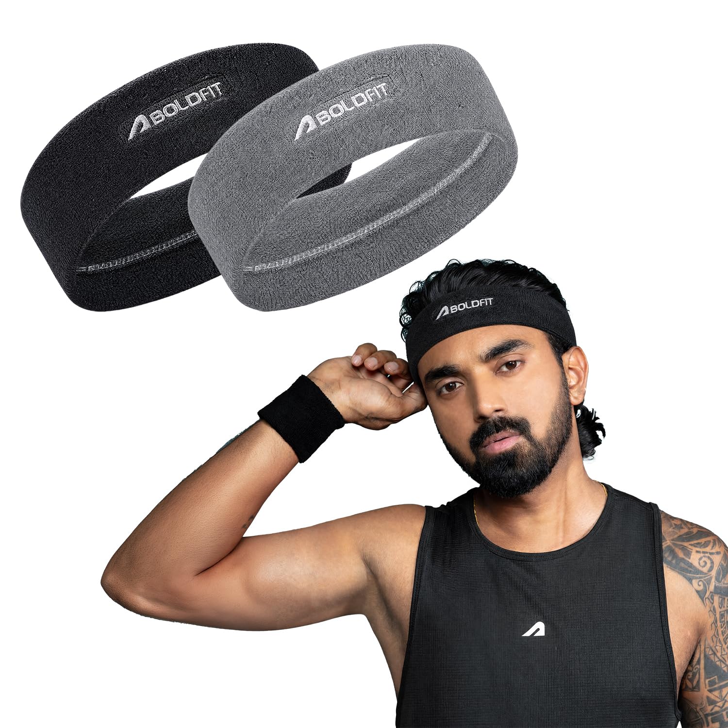 boldfit Gym Sweat Headband Combo for Men and Women Cotton Sports Headband for Workout & Running, Breathable, Non-Slip Sweat Head Bands for Long Hair Pack of 2 Combo Black & Grey-picture-27