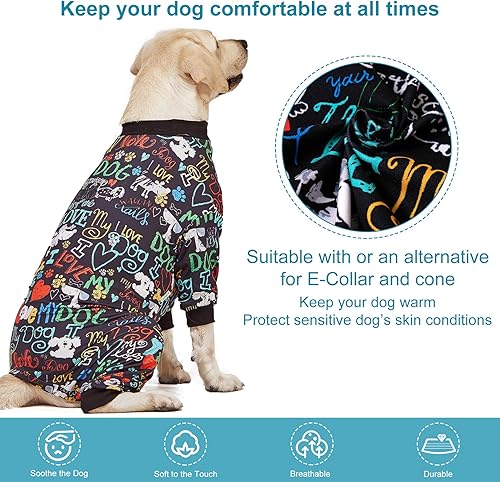 Miniatura 3 de LovinPet Pijama grande para perro, camisa para el cuidado de heridasdespués de la cirugía, protección UV, texto de Love My Dog en impresión negra,
