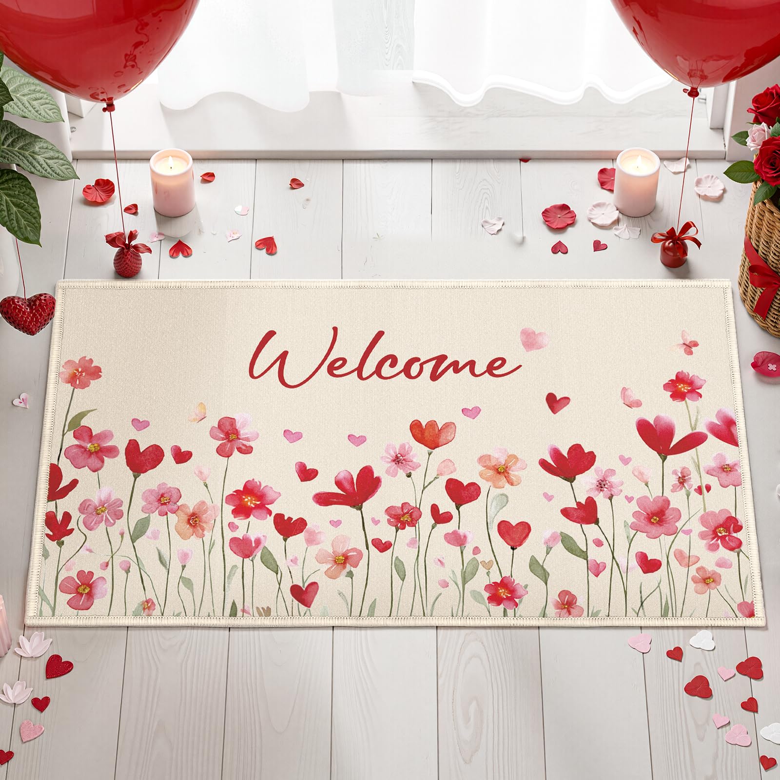 InIsaJace Love Heart and Wildflower Valentines Door Mat, Non-Slip Valentines Outdoor Welcome Mat Decorations, Valentine's Day Front Door Rug for