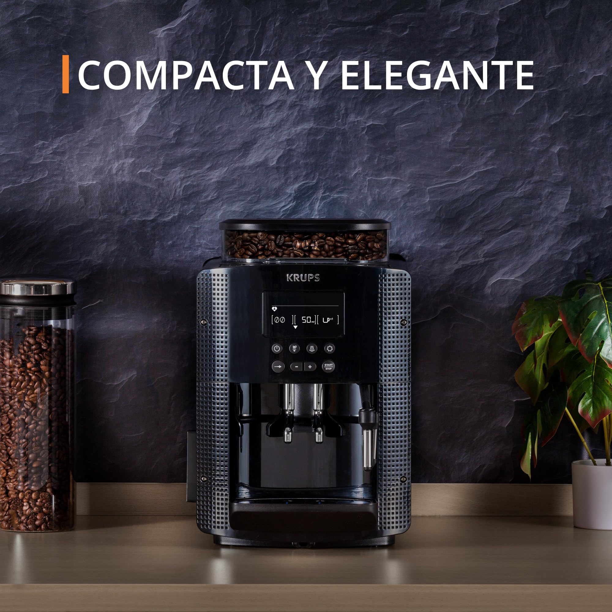Krups EA8150 Cafetera Automática 15 Bares de Presión, 3 Niveles de Intensidad, Programa Automático de Limpieza, Molinillo Integrado, Pantalla LCD, Ajustable de 20 ml a 220 ml, Tamaño único