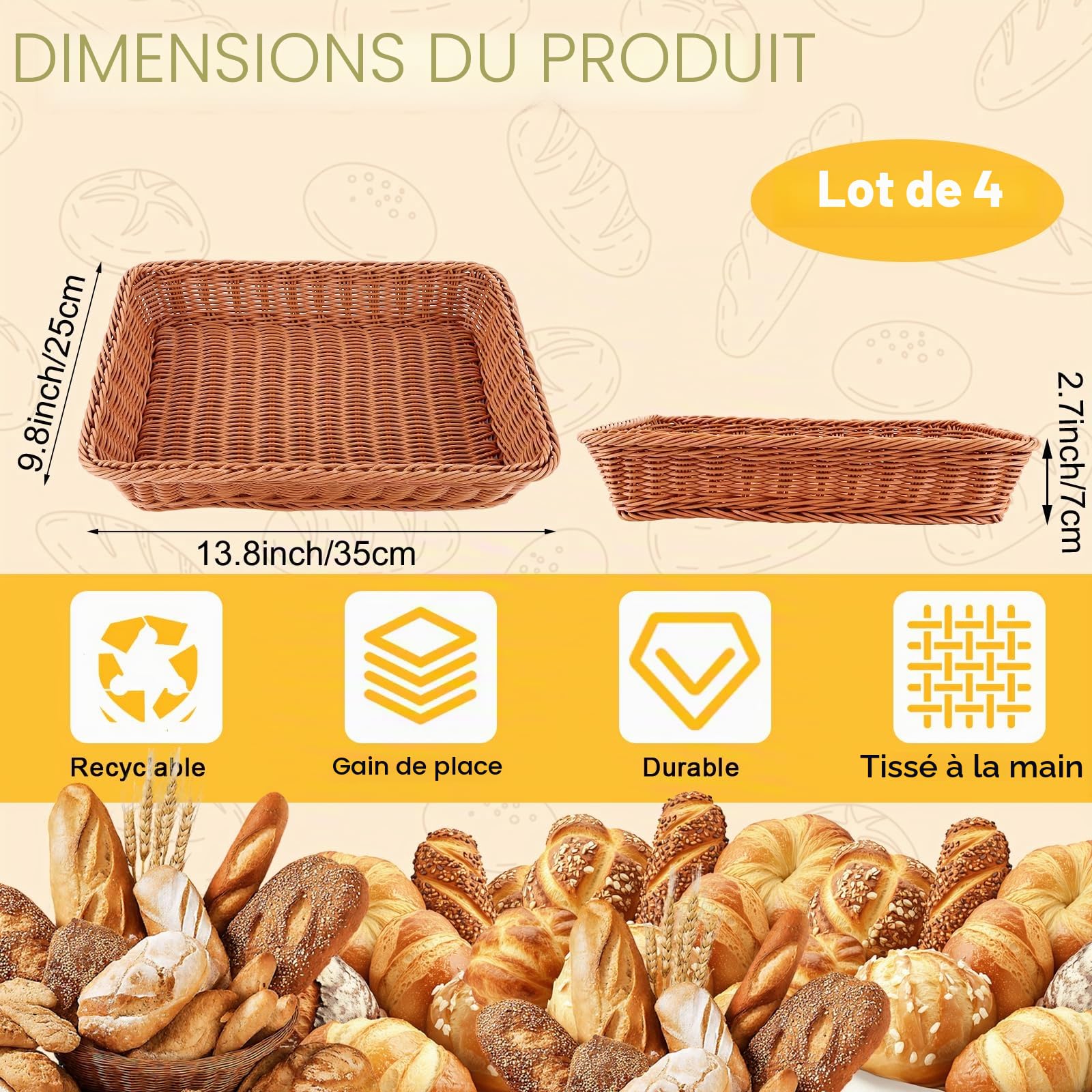 DAJAVE 4 Pièces Corbeille a Pain en Poly Osier 35X25X7CM Panier a Pain, Panier Osier Rangement, Corbeille a Fruit Osiers, Paniers de Service Rectangulaire pour la Cuisine, le Restaurant, le Magasin