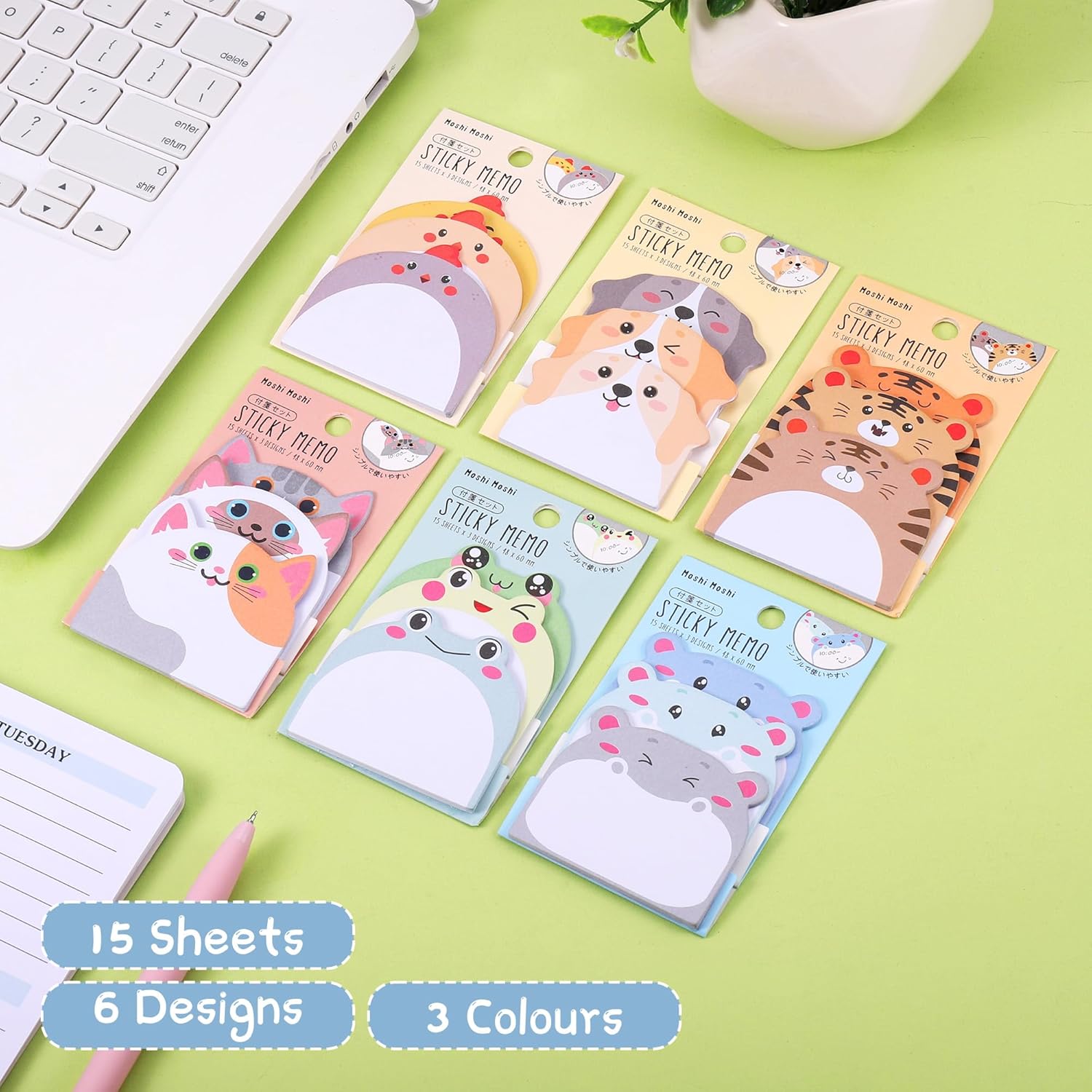 6 Pack Cute Sticky Notes, New Cartoon Animal Pattern Sticky Notes Markers Flags, Self-Stick Memo Pads for School Home Office, 270 Sheets - Image 3