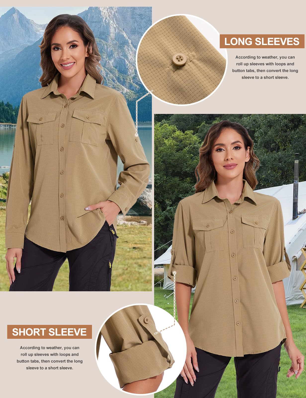 Tuopuda Camicia Donna Estiva UPF 50+ Camicetta Protezione Solare Maglietta a Manica Lunga Safari Blusa con Bottone Traspirante per Pesca Escursionismo Mare Spiaggia Piscina