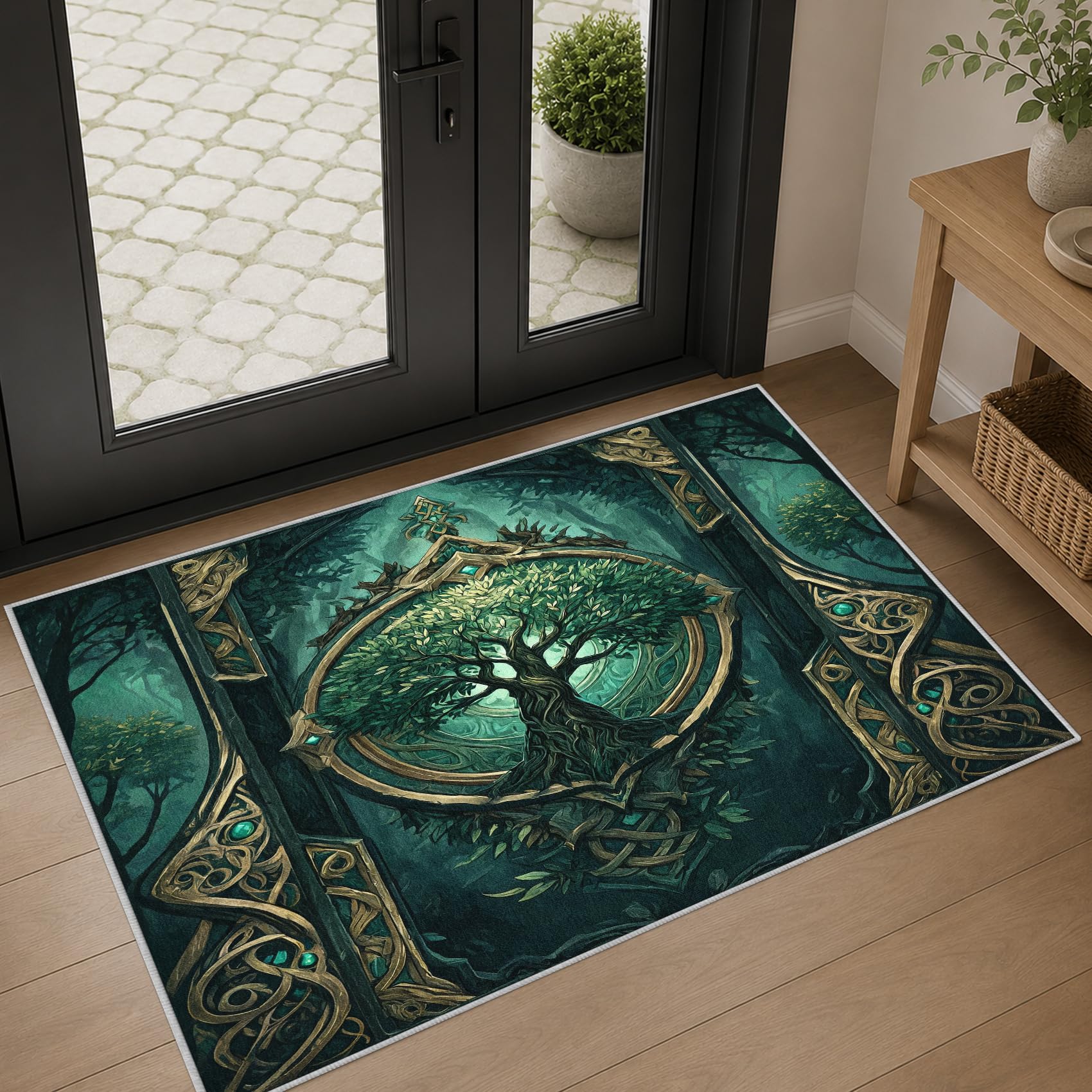 Générique Tapis Arbre de Vie Vert Lavable en Machine Antidérapant 80x150cm