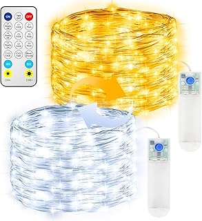 2 PCS Warm & Cool White Fairy Lights Battery Operated, 16 FT 50 LEDs Silver Copper Wire Color Changing Twinkle Lights with Remote & Timer, 12 Modes Fairy Lights for Bedroom,Wedding,Christmas,Garden