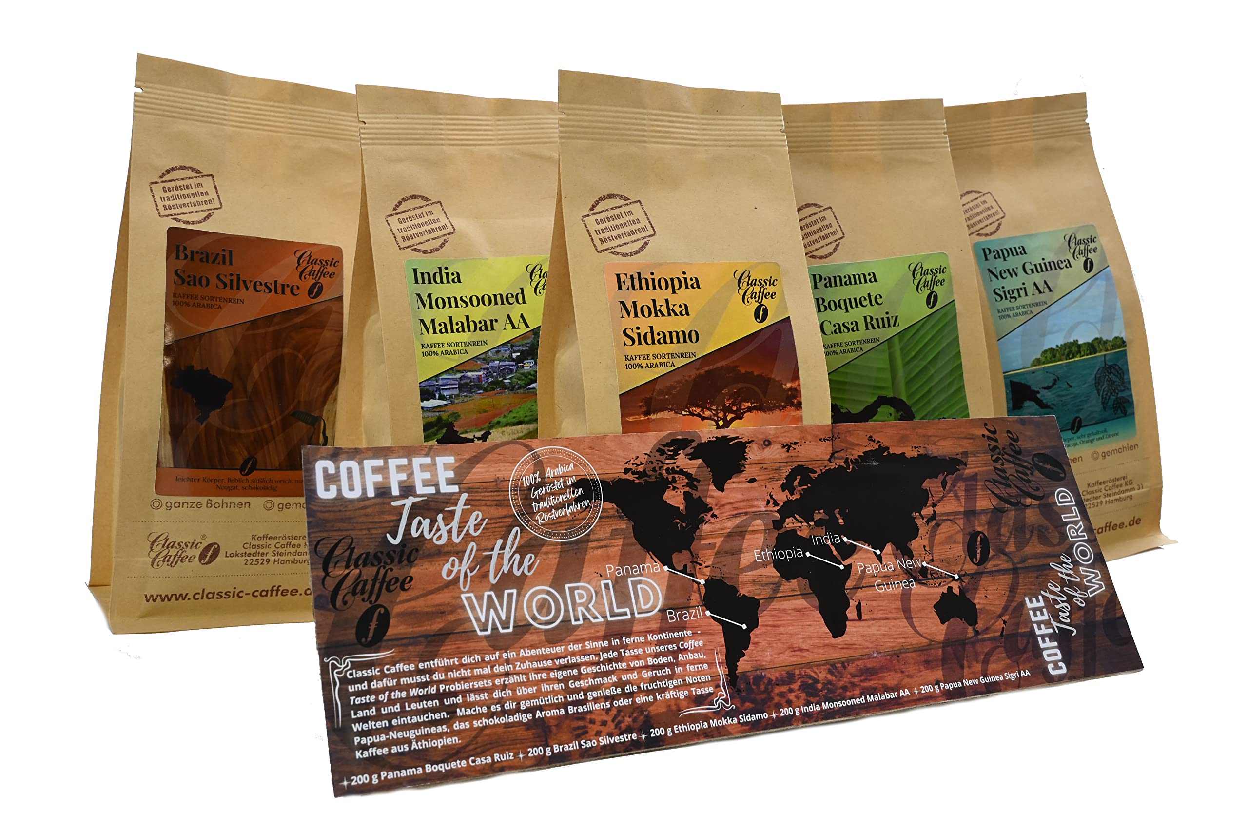 Classic Caffee - Premium Kaffee Weltreise Probierset 5x200g Kaffee-Geschenkset aus aller Welt - Kaffee Weihnachtsgeschenk - 100% Arabica (Gemahlen)