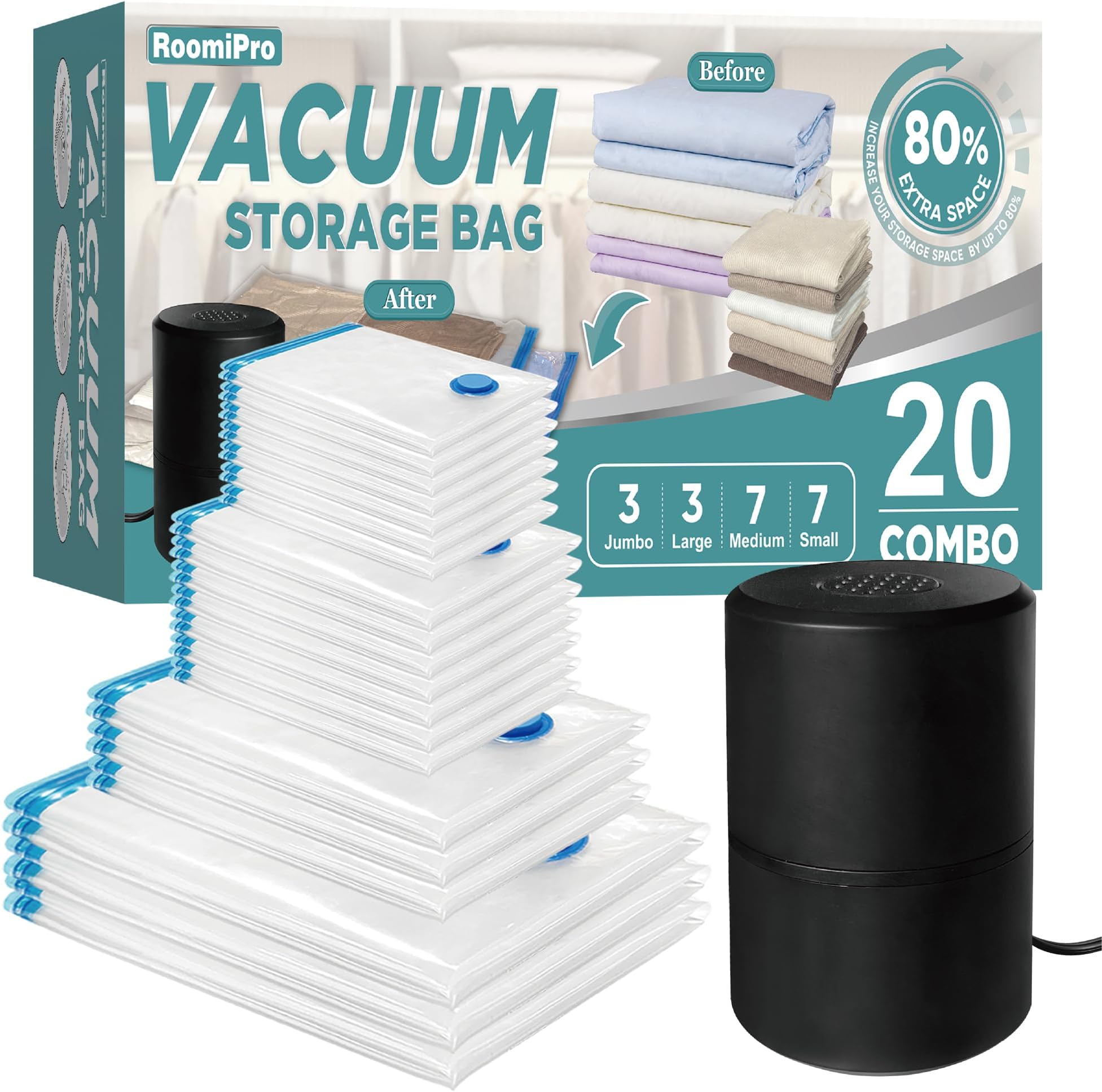 Vacuum Storage Bags with Electric Pump, 20 Pack (3 Jumbo/3 Large/7 Medium/7 Small), Space Saver Bags with Pump, Storage Vacuum Sealed Bags for Clothes, Comforters, Blankets, Bedding