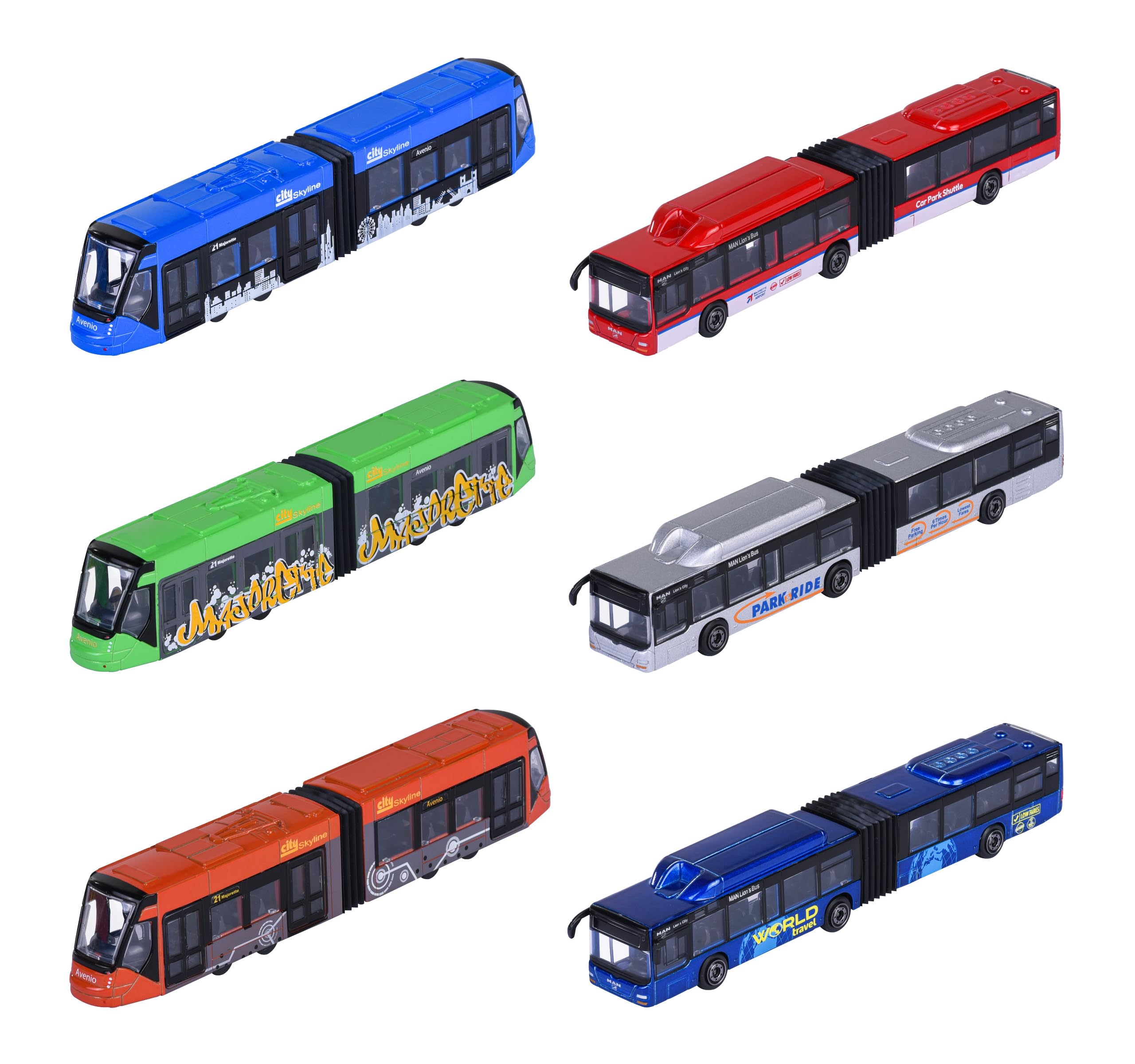 Majorette MAN City Bus lub Avenio Tram (1 model samochodu) – autobus zabawkowy lub tramwaj z metalu z wolnym biegiem, losowy wybór spośród 6 modeli pojazdów dla dzieci od 3 lat, każdy ok. 20 cm