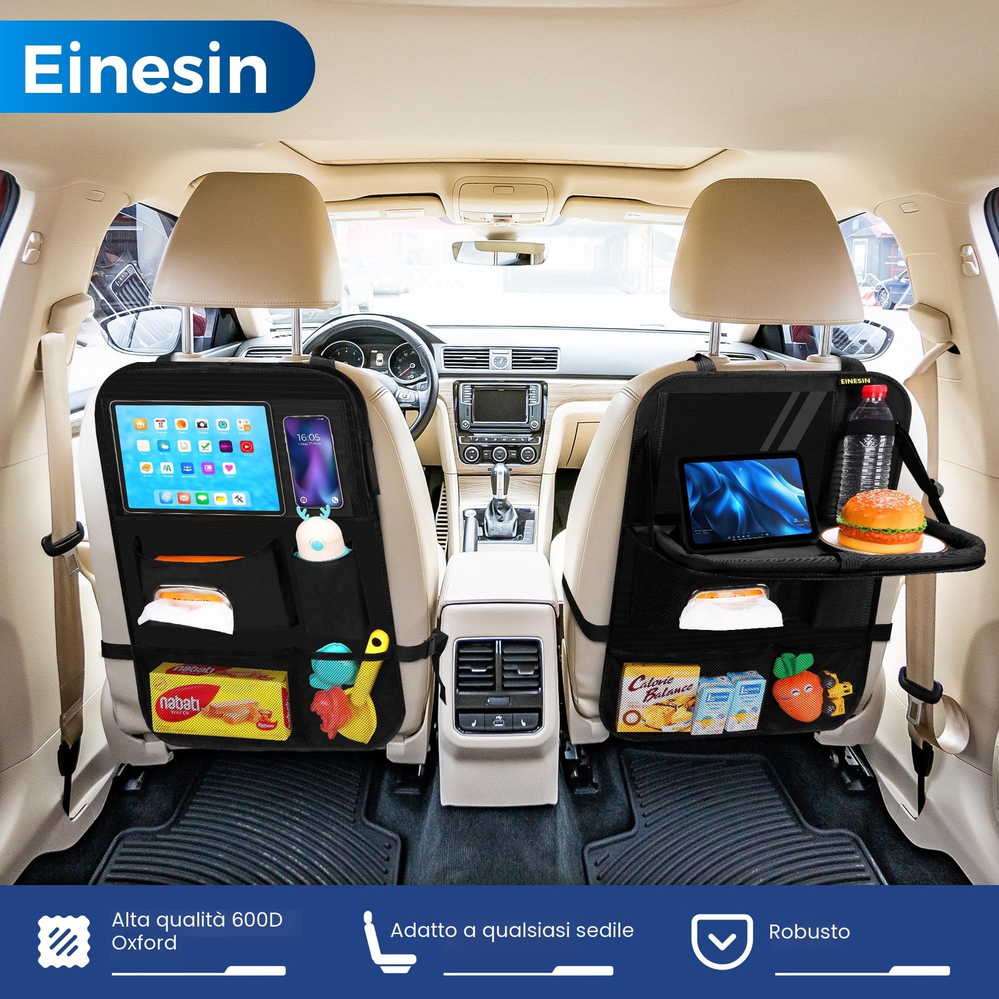 Einesin Proteggi Sedile Auto Bambini Posteriore con Vassoio da Tavolo Pieghevole per tablet bambini, Impermeabile Organizer Sedile Posteriore Auto Tasca Trasparente per Tablet iPad