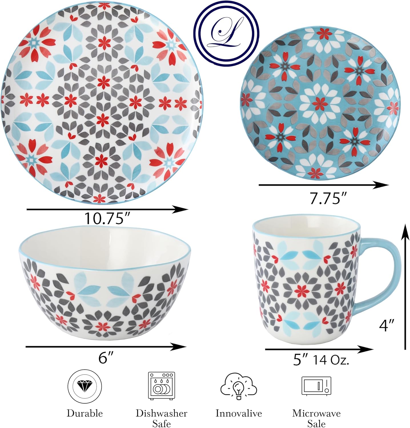 Lorren Home Trends Bone China 16-Piece Dinnerware Set, Floral Pattern with Blue and Red, Microwave and Dishwasher Safe, Service for 4