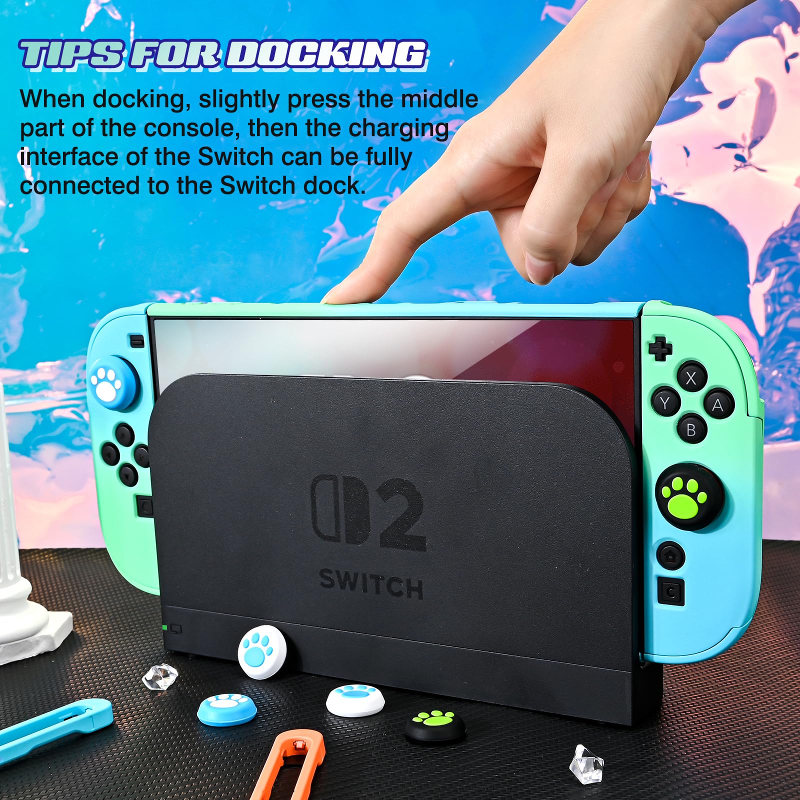 DLseego Hülle für Switch 2 2025, Dockable Farbige Harte Schutzhülle aus PC mit 2 Handgriffen und 6PCS Daumen Grips Kappe,Blau+Grün - 5