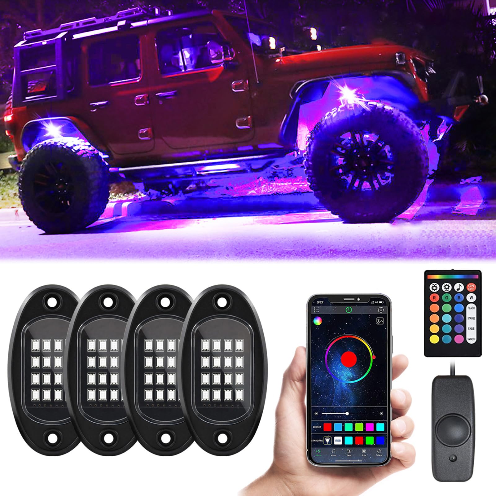 Eacam RGB LED Rock Lights - Multicolor Neon Lights with App/24 Key RF Control Music Mode, Waterproof Exterior Lights for Car Jeep Offroad SUV 4Pcs