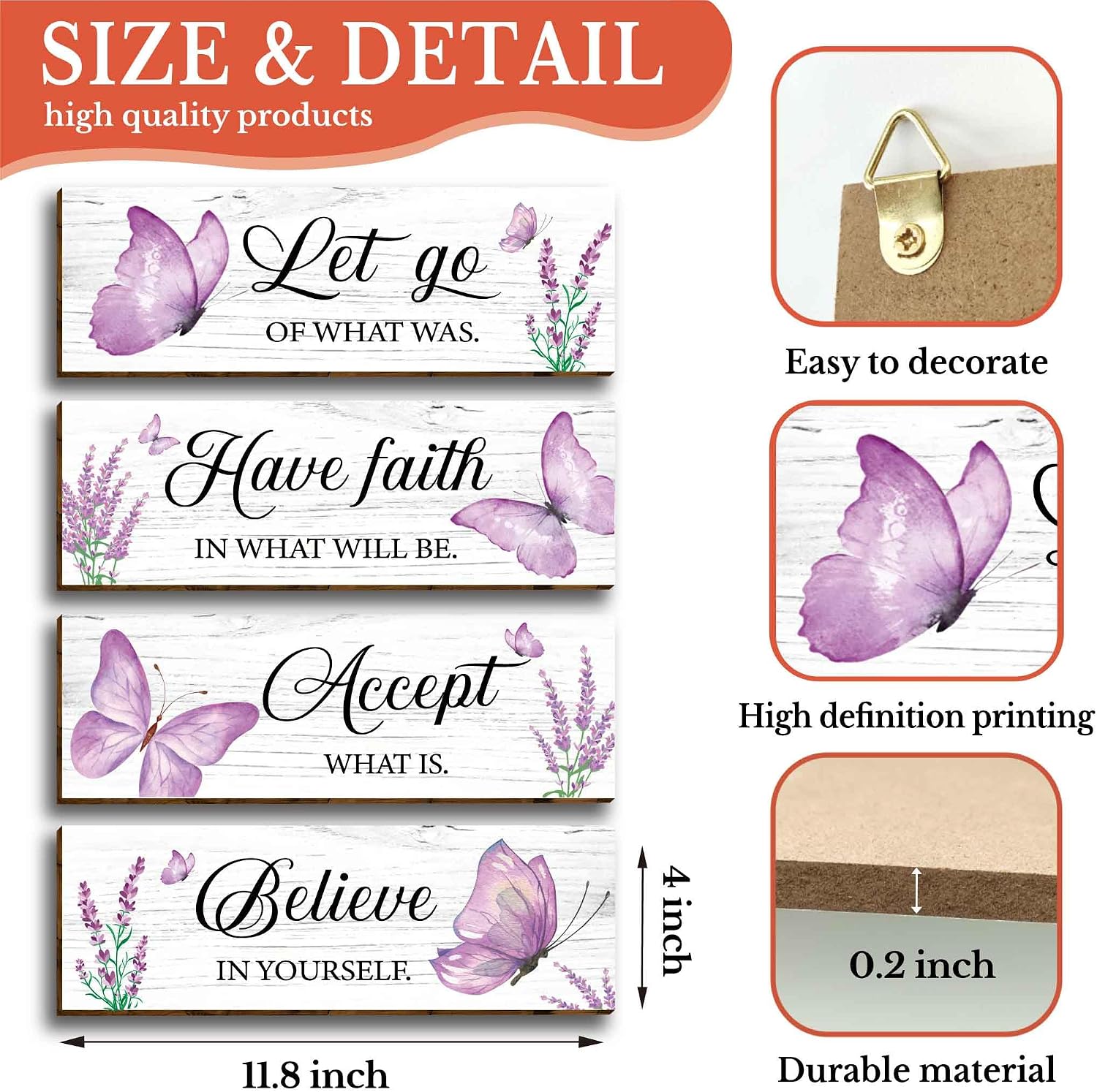 4 Pcs Purple Butterfly Modern Floral Wooden Office Wall Decor, Inspirational Saying with Accept-Let go-Have faith-Believe Wood Sign Hanging Motivational Wall Plaques for Office Living Room Bathroom image 2
