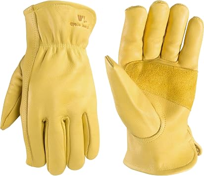 Wells Lamont Leather Work Gloves for Men Grain Cowhide, Reinforced Palm Ideal for Construction, Farming, Ranching Ergonomic Fit, Keystone Thumb, Elasticized Wrist Saddletan, Medium 1129M