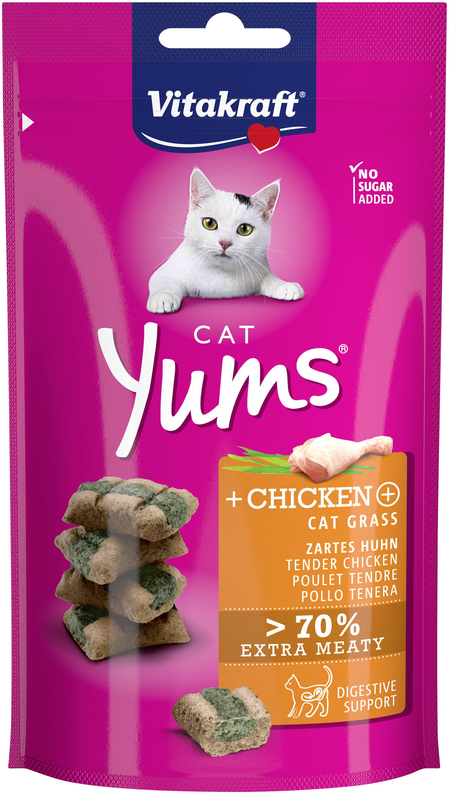 Vitakraft Cat YUMS, Katzen Leckerli, weicher Katzensnack gefüllt mit Huhn und Katzengras, im wiederverschließbaren Beutel, ohne Zusatz von Zucker (1x 40g)