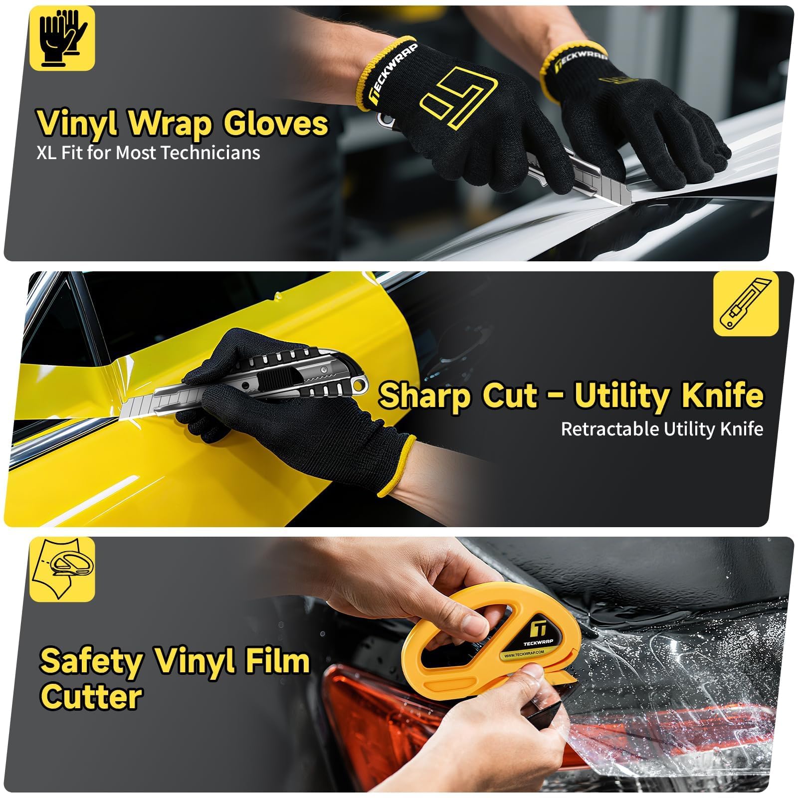 TECKWRAP Lot de 22 Outils en Vinyle pour Voiture - Raclette, Couteau, Cutter de sécurité, Gants Anti-coupures, aimants et Pochette à Outils pour Emballage de véhicule