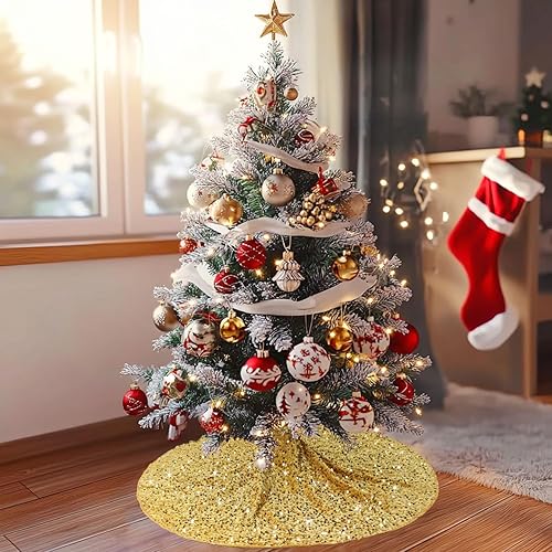 Miniatura 5 de PATYDEST Falda dorada para árbol de Navidad, lentejuelas de 21 pulgadas, faldas de terciopelo para árbol de Navidad con purpurina, cubierta base