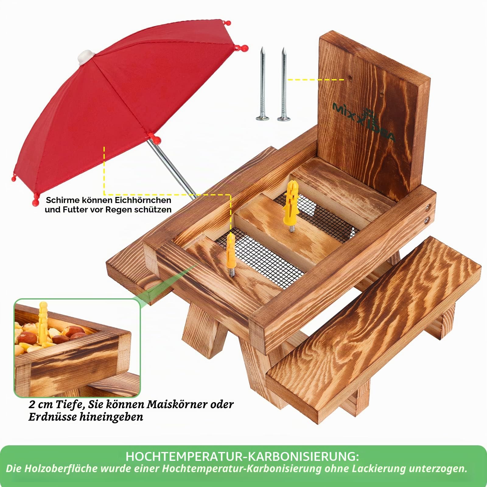 MIXXIDEA Eichhörnchen-Futterstation Picknicktisch mit hohem Regenschirm, Eichhörnchen-Futterspender aus Holz für draußen, niedlicher Streifenhörnchen-Futterspender mit Maiskolbenhalter, solide