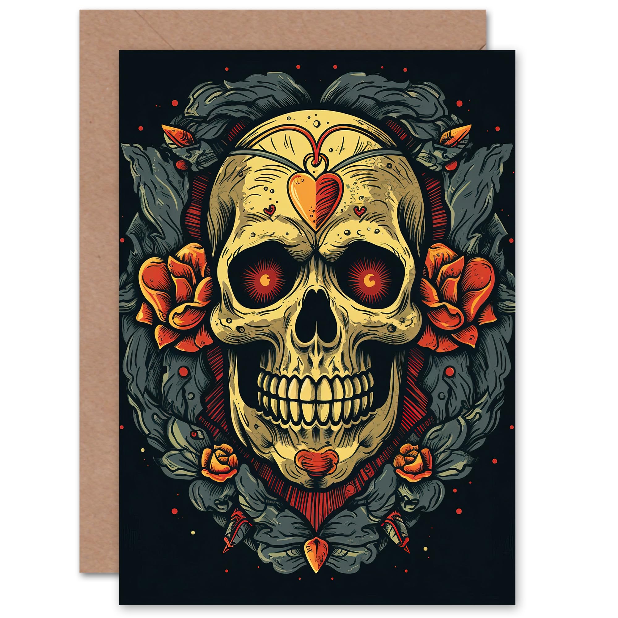 Artery8 Skull Roses Love Heart Floral Gothic for Him or Her Man Woman Birthday Thank You Congratulations Blank Art Greeting Card