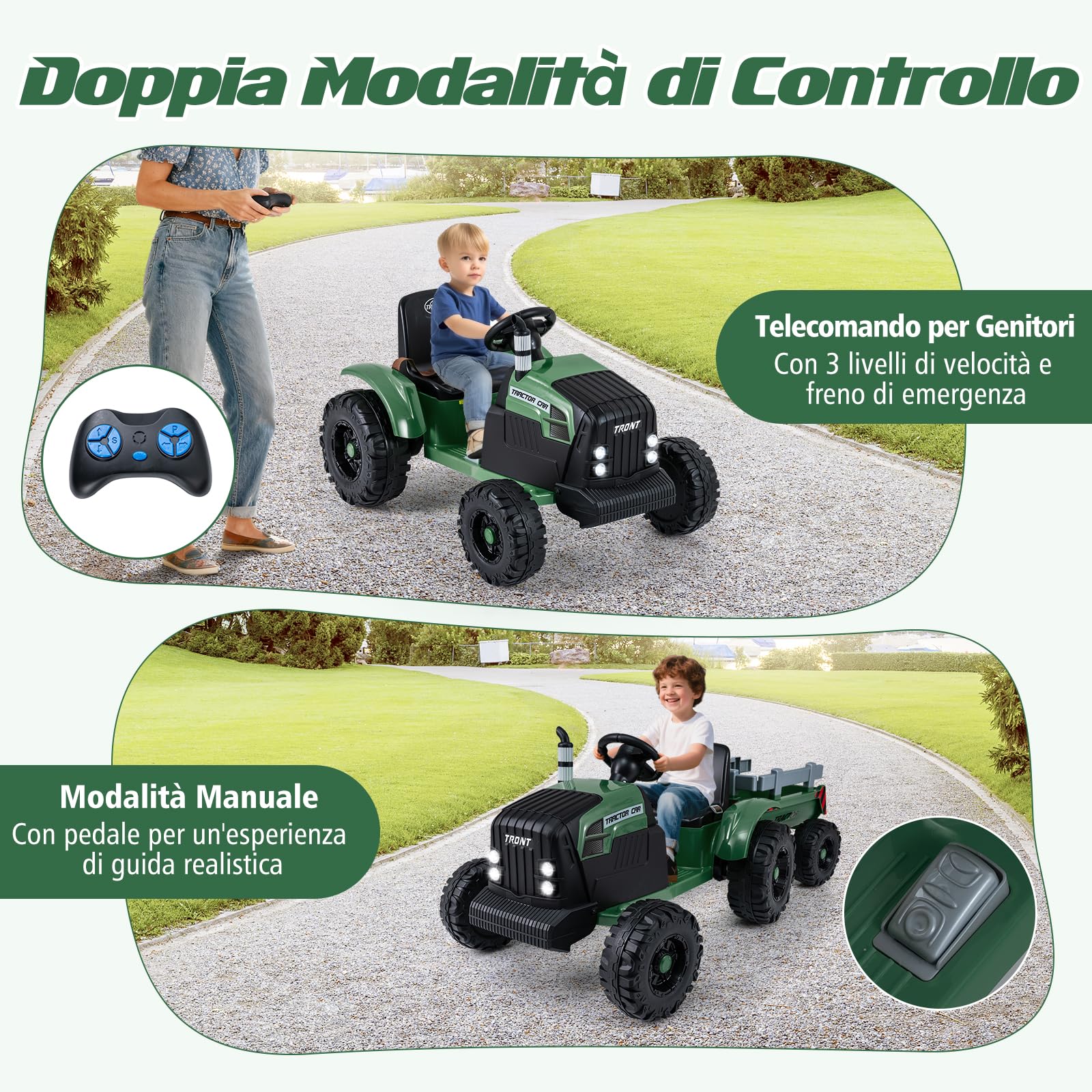 RELAX4LIFE Trattore Elettrico a Batteria 24V con Rimorchio Staccabile, Controllo Remoto, Porta USB, Connessione Wireless e Luci LED, Veicolo a 3 Velocità per Bambini dai 3 agli 8 Anni (VERDE)