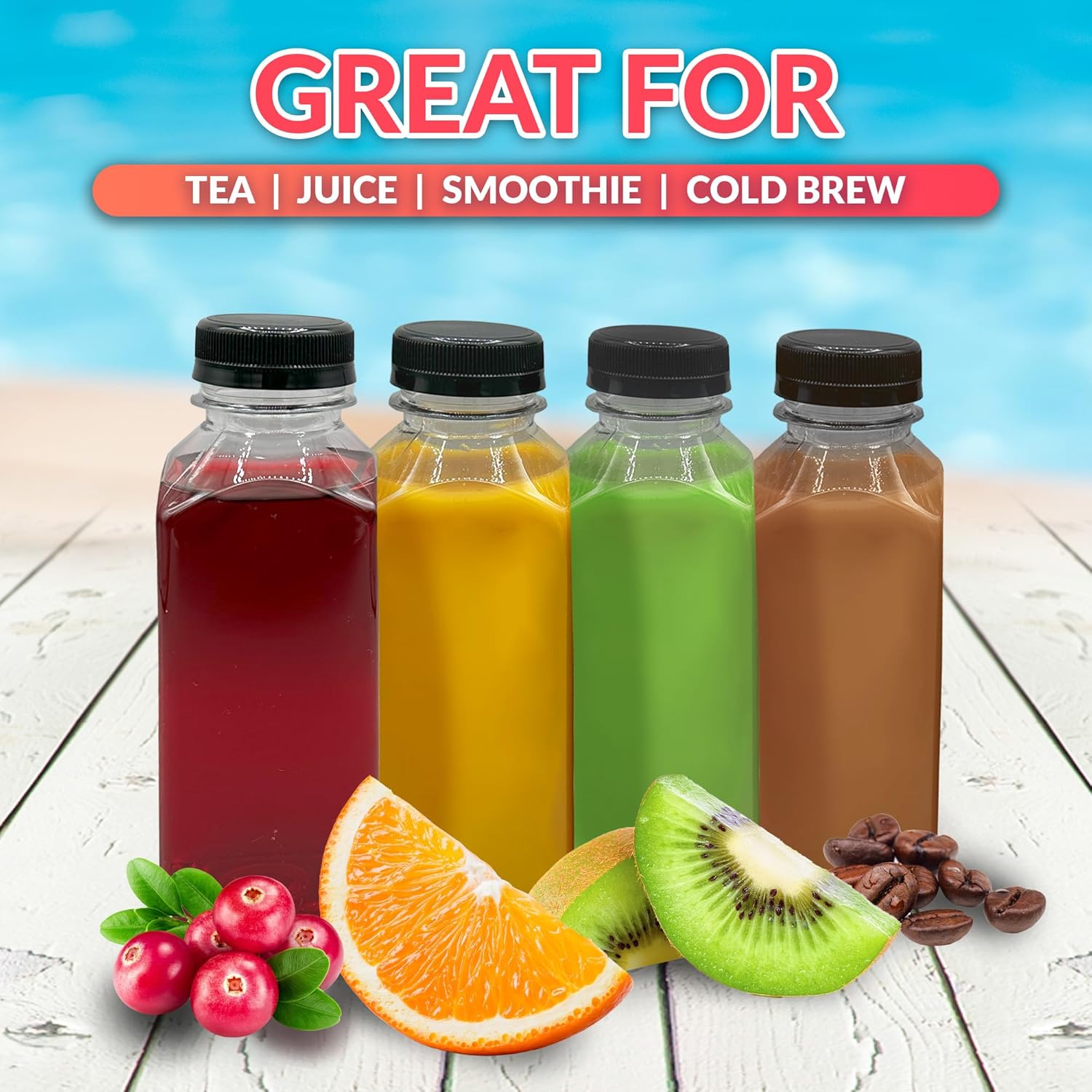 Reli. Plastic Juice Bottles (48 Pack, 12 oz) Square Plastic Juice Bottles with Caps & Sticker Labels | Clear, Empty for Juicing 12oz | Disposable, Smoothies - Image 6